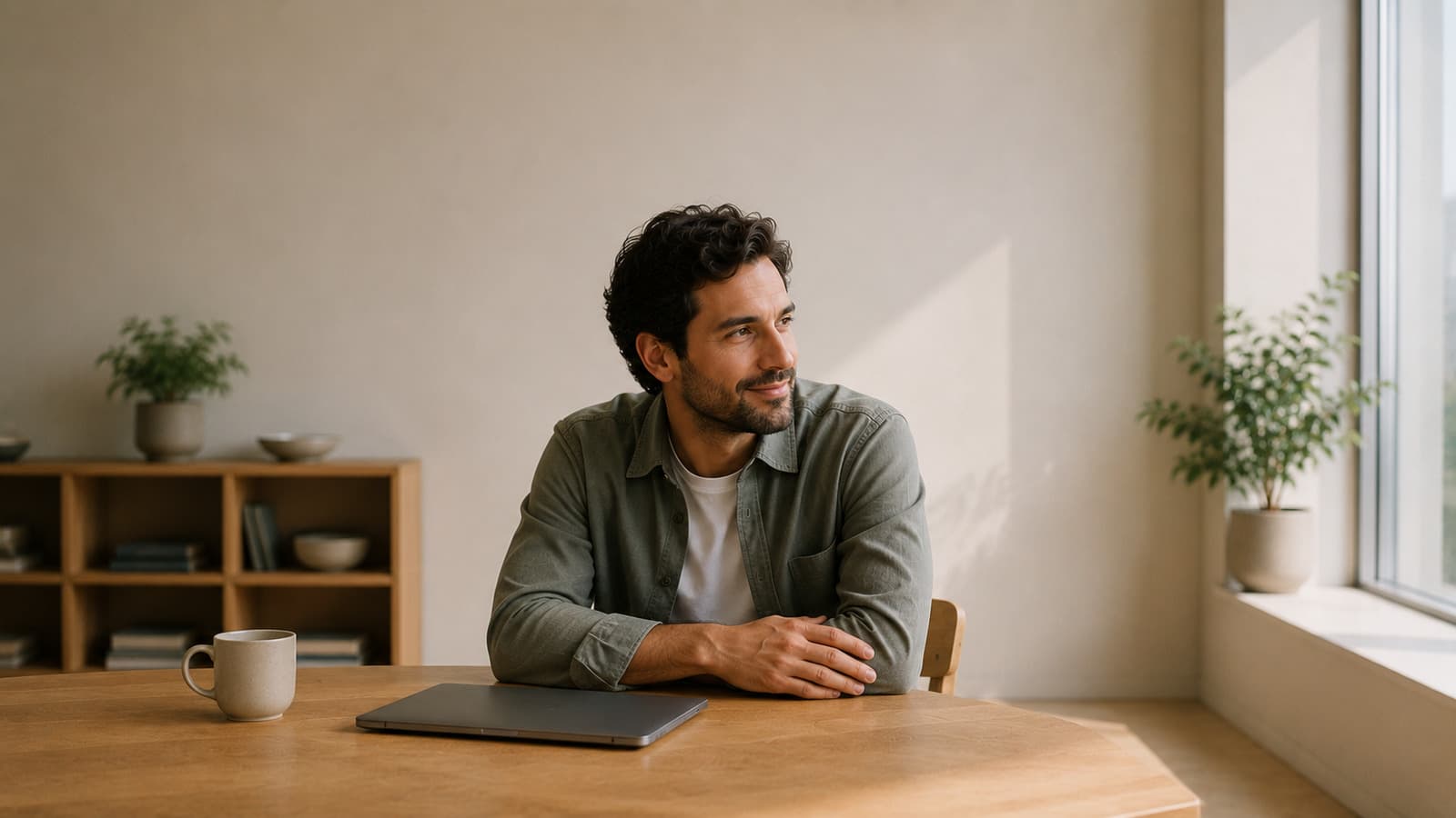A man smiling at a long wooden table in a sunlit room, a closed laptop in front of him