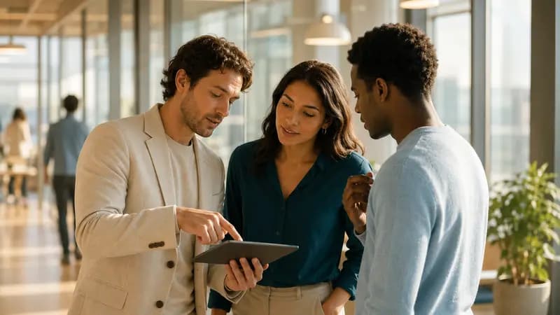 Three colleagues reviewing training material together on a tablet in a bright open-plan office