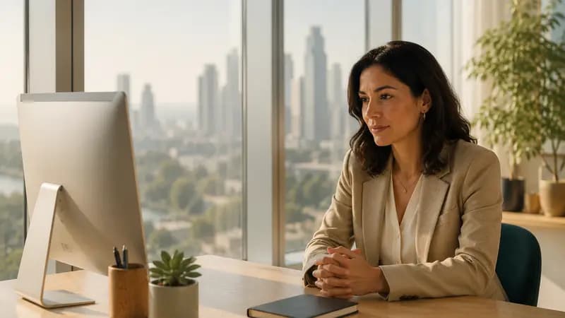 A professional seated at a high-rise office desk, a city skyline through the window behind her