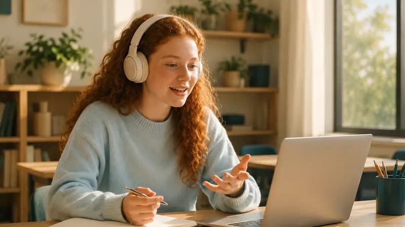 A student wearing headphones speaking aloud to an interactive lesson on a laptop
