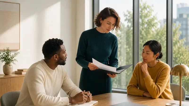 A consultant reviewing a printed report with two seated colleagues at a sunlit meeting table