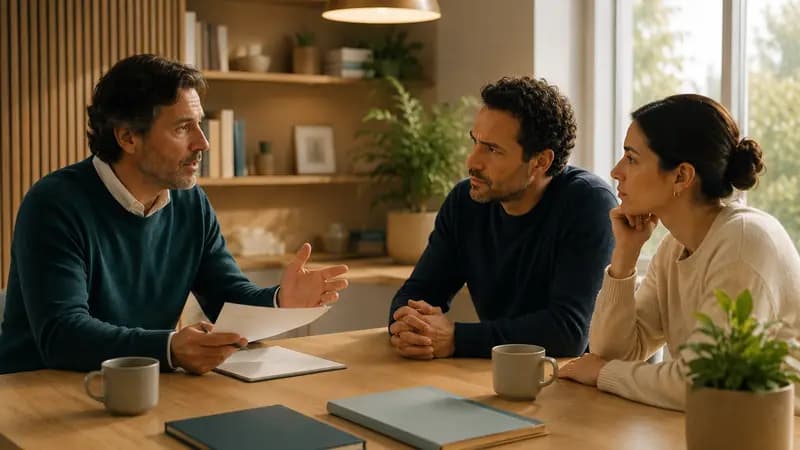 Colleagues in a serious workplace discussion around a table