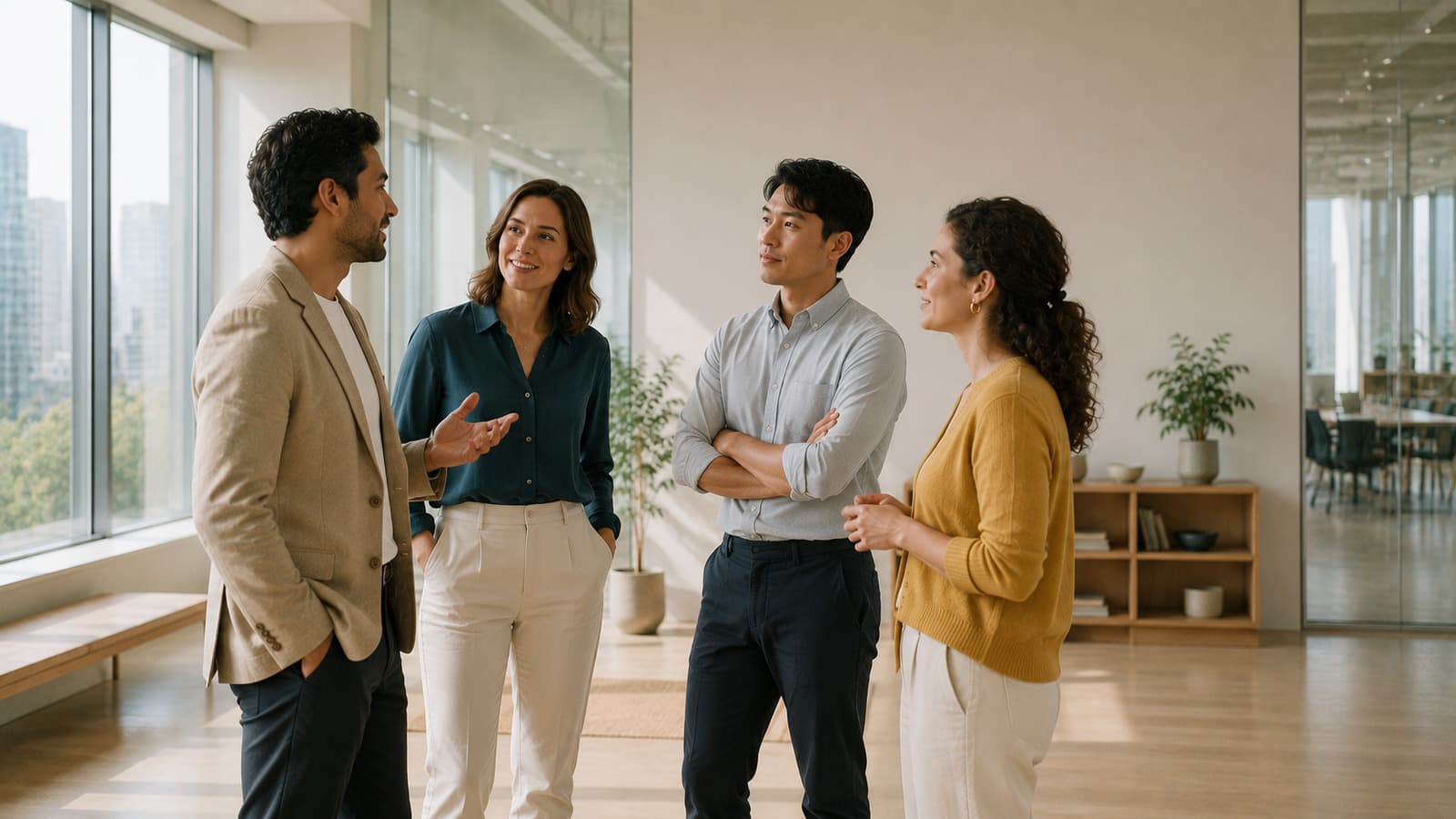 Four colleagues standing in conversation in a bright, sunlit room