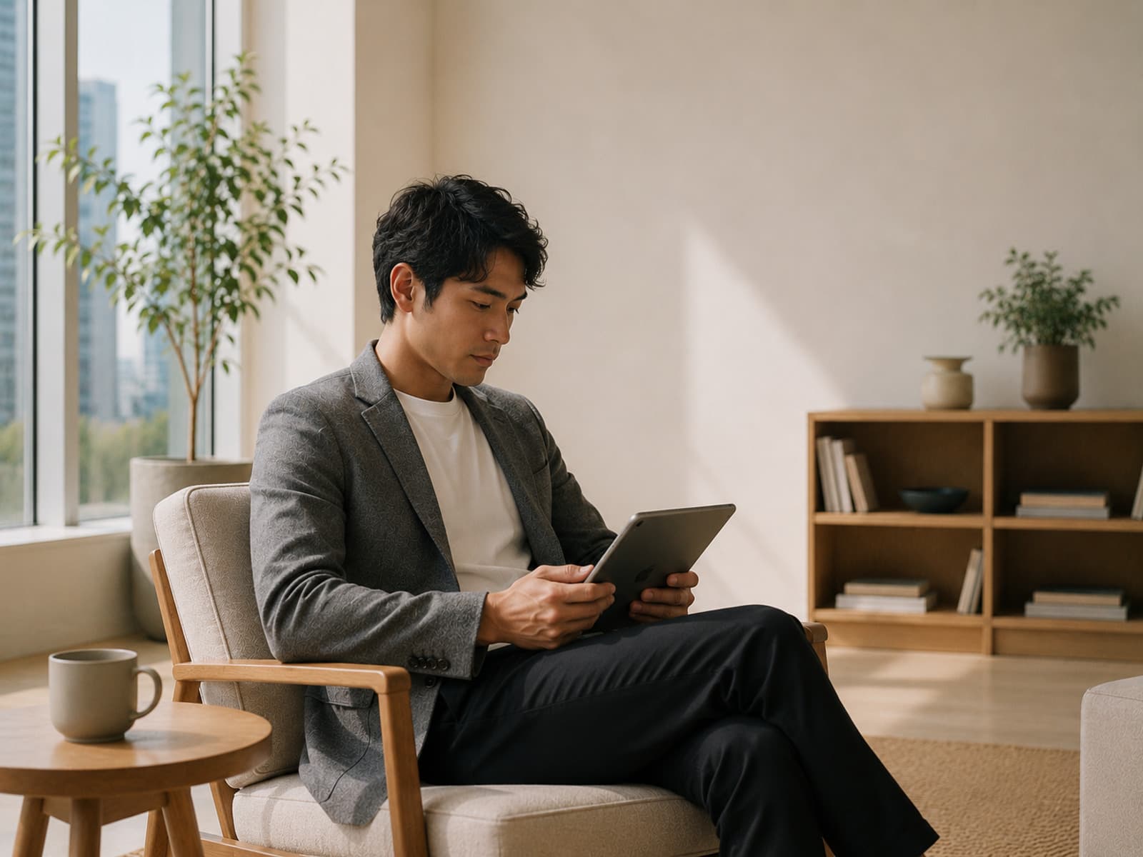 A person working through a practice scenario on a tablet in a warm, sunlit room
