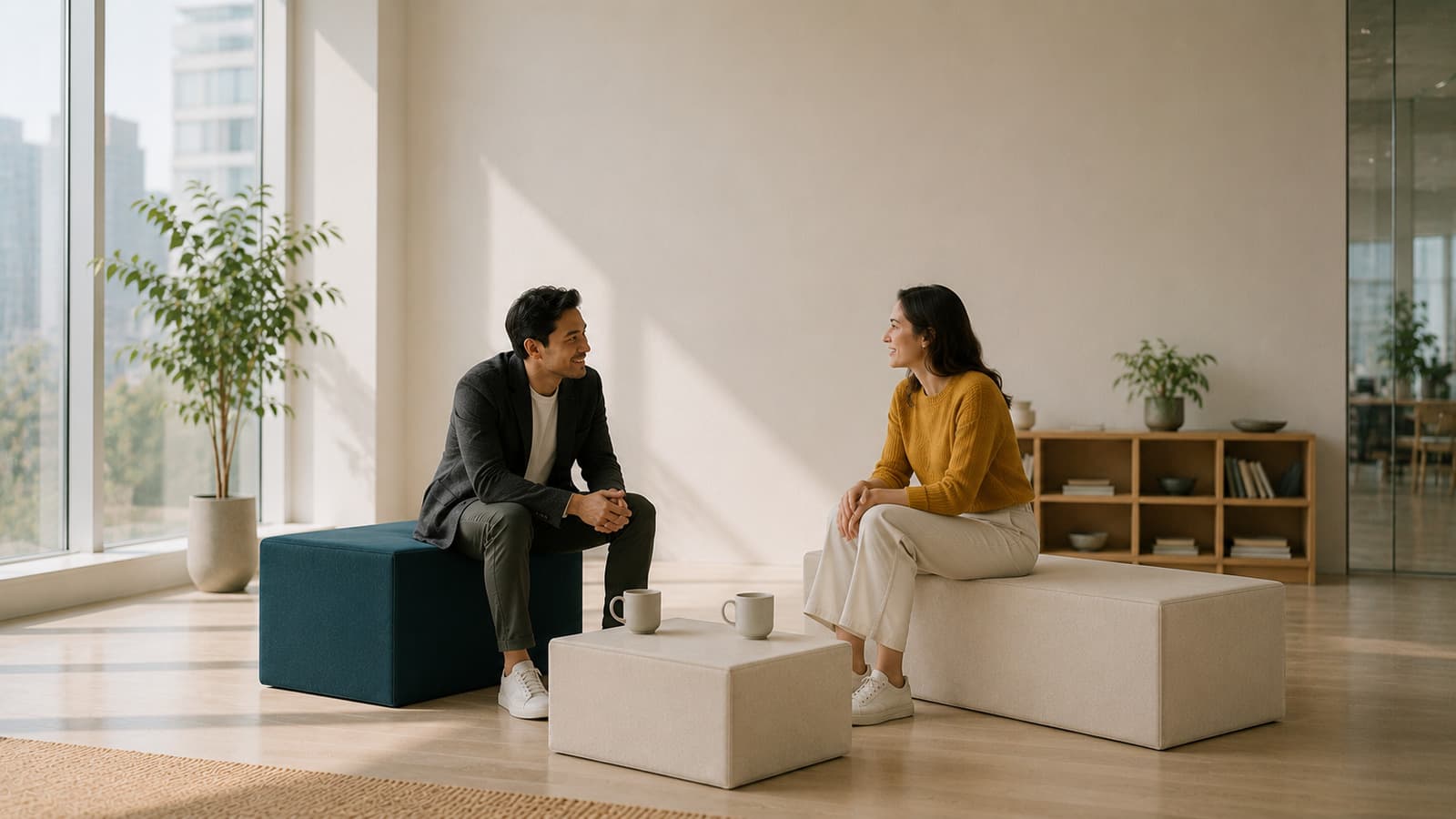 Two people in conversation, seated on geometric block seating with coffee mugs between them