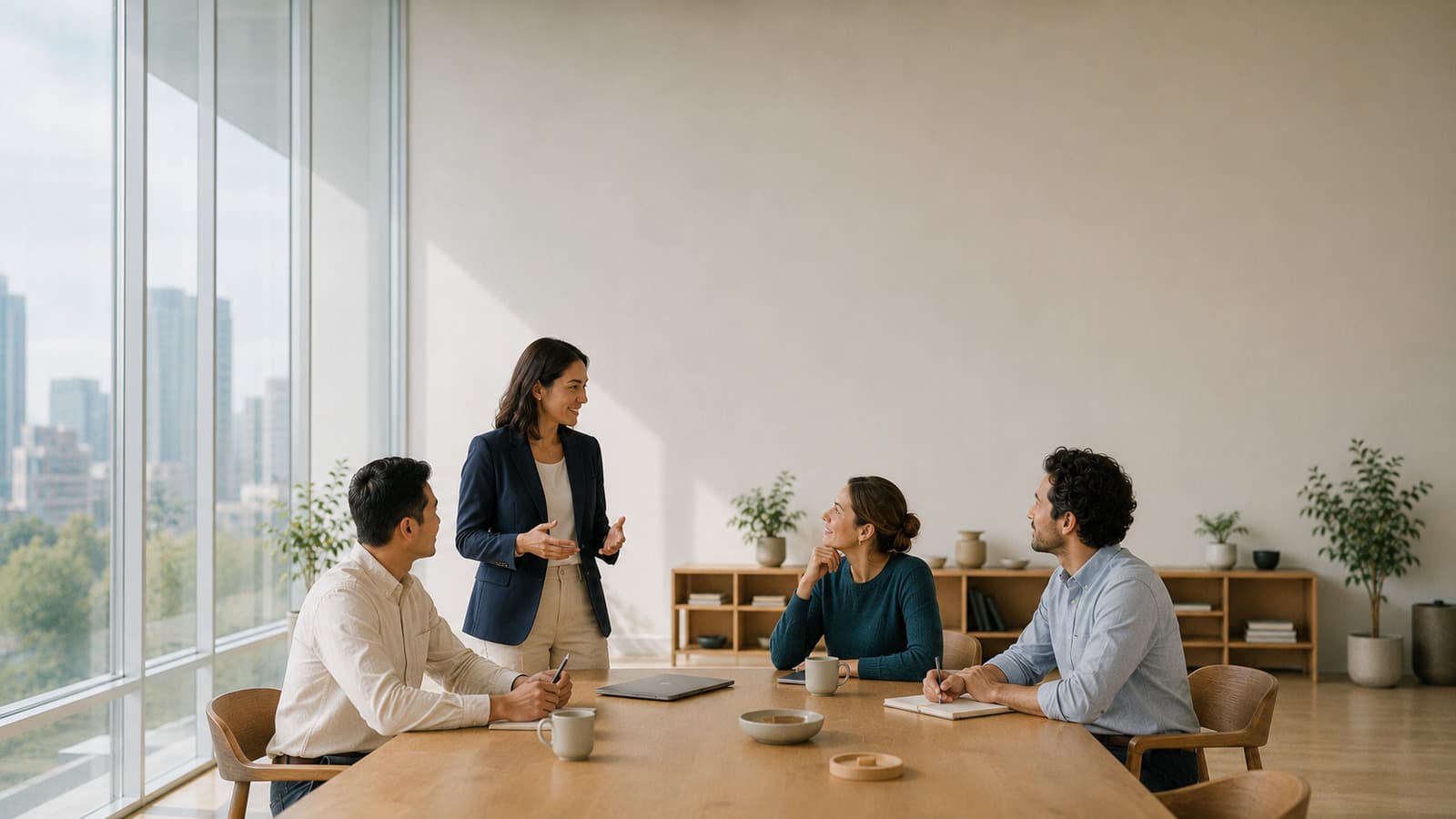 Four colleagues around a meeting table in a bright, sunlit room, one standing to talk the group through something