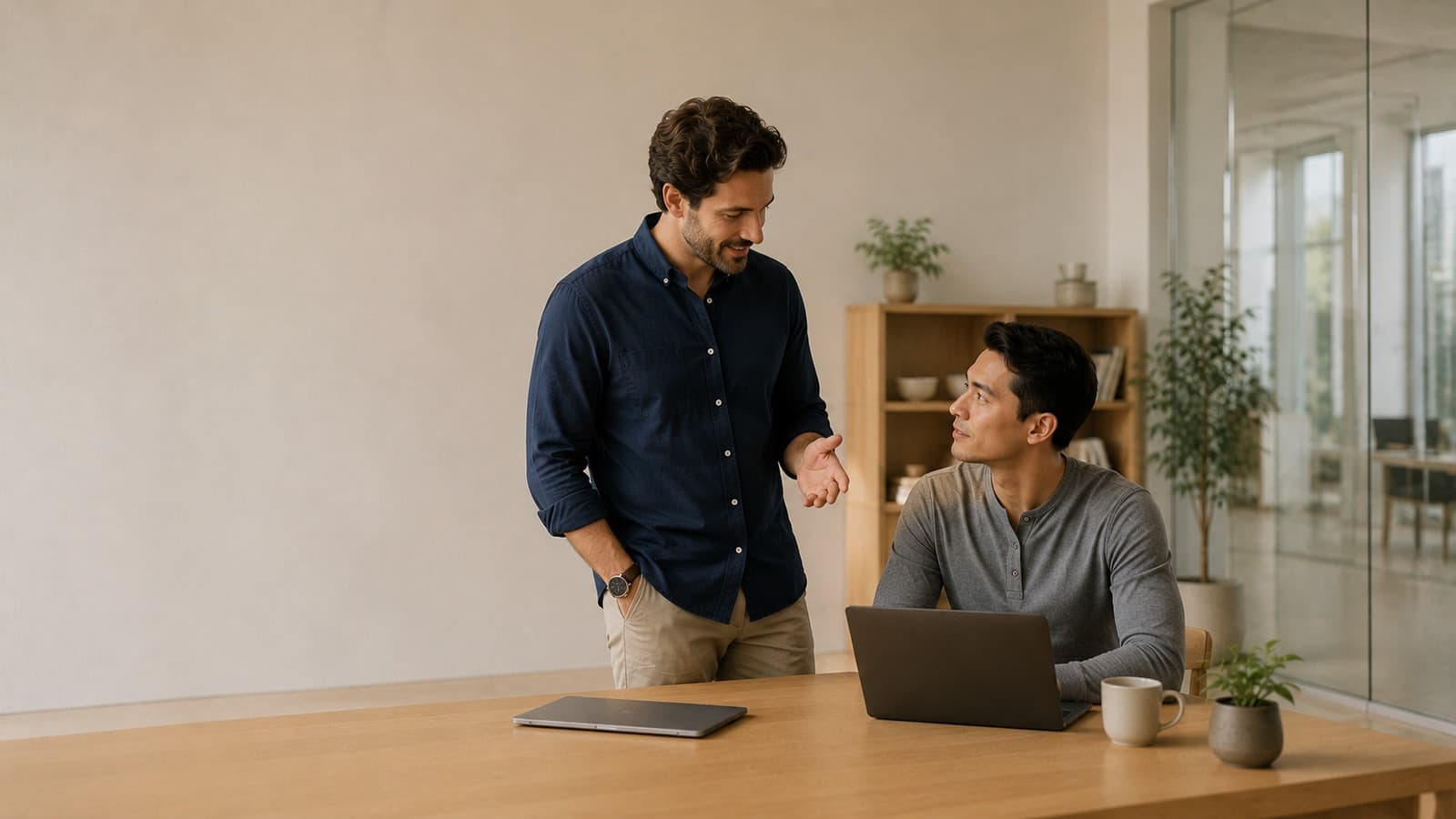 Two colleagues at a laptop in a bright office, one standing and explaining while the other looks up from the screen