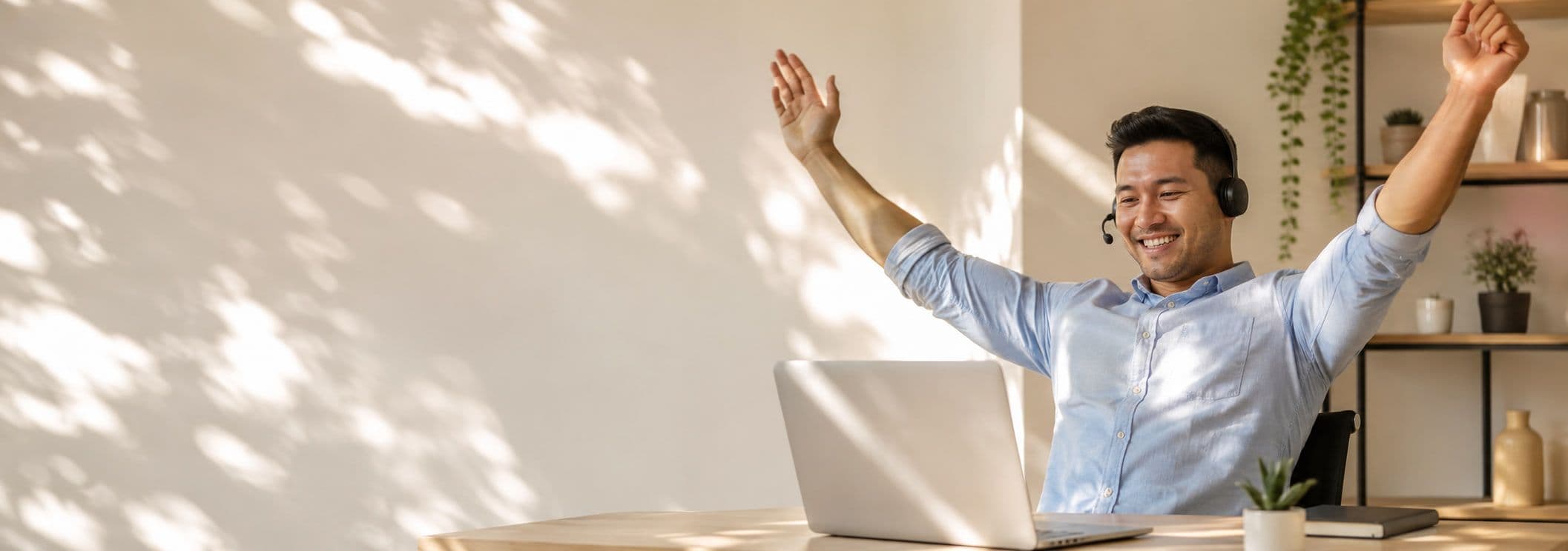 A man in a headset throwing both arms up in celebration at his laptop, in a bright room
