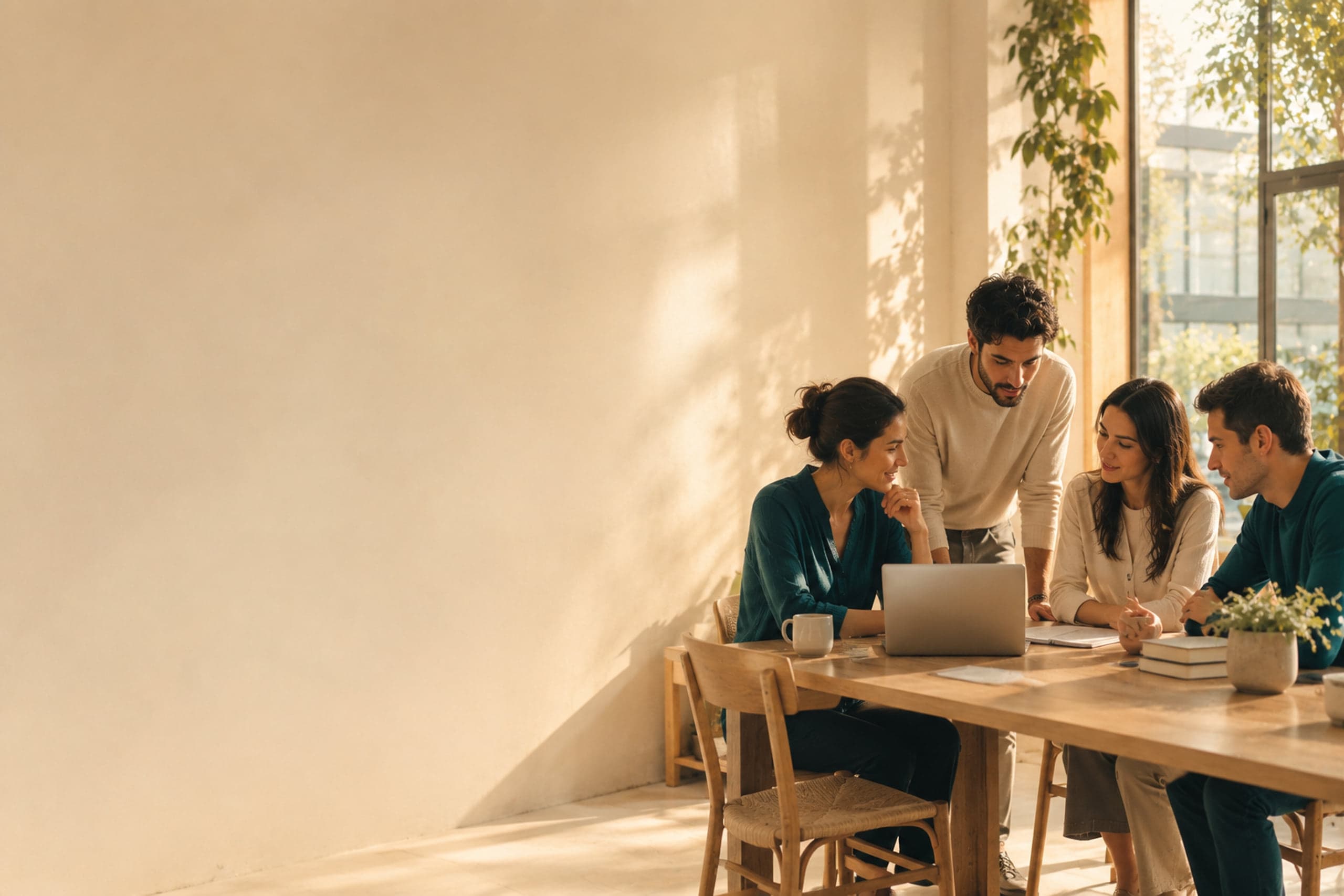 Four colleagues around a long table looking at a laptop together, one standing, in warm afternoon light