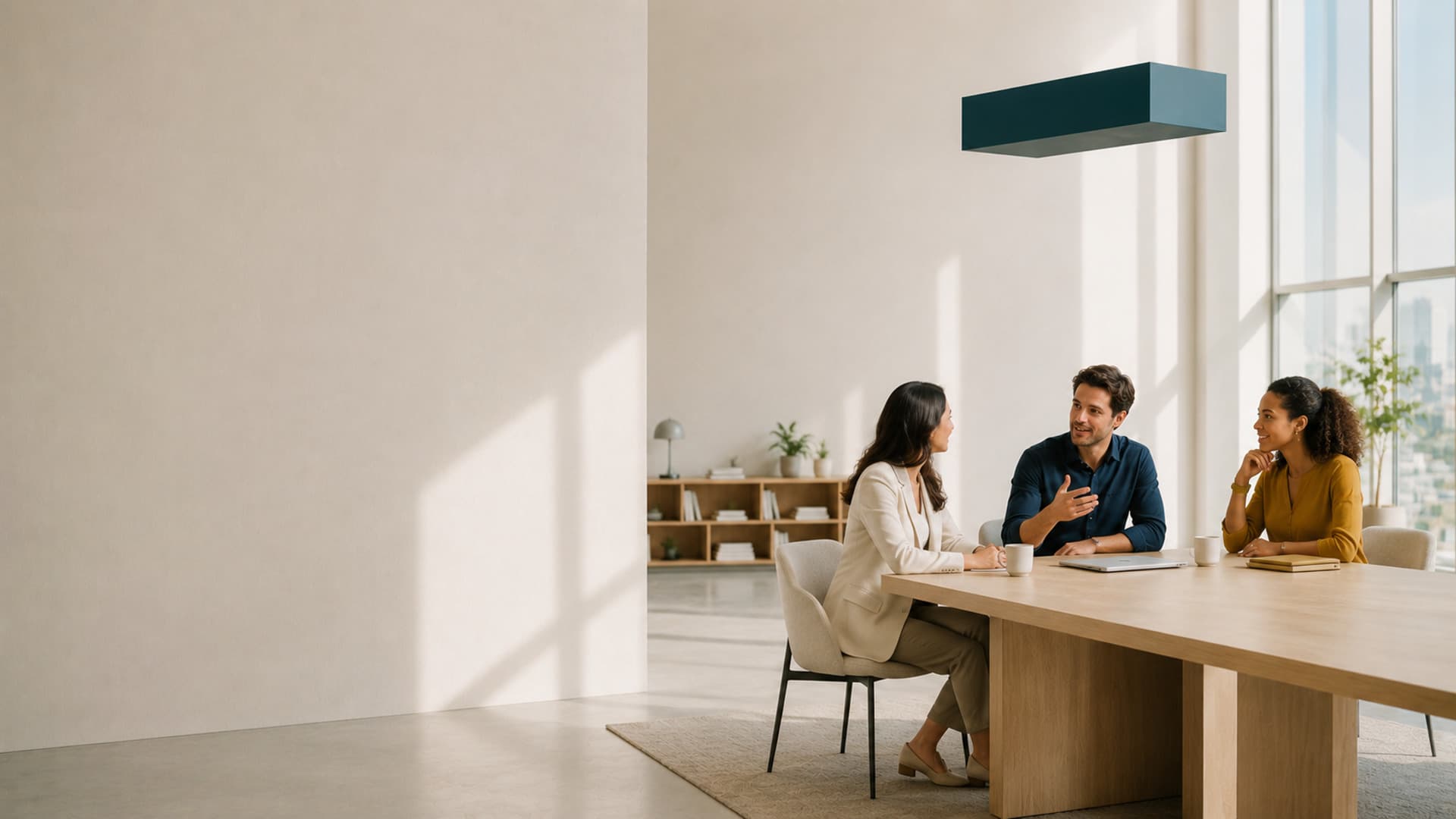 Three colleagues in conversation around a long table in a bright, minimal room