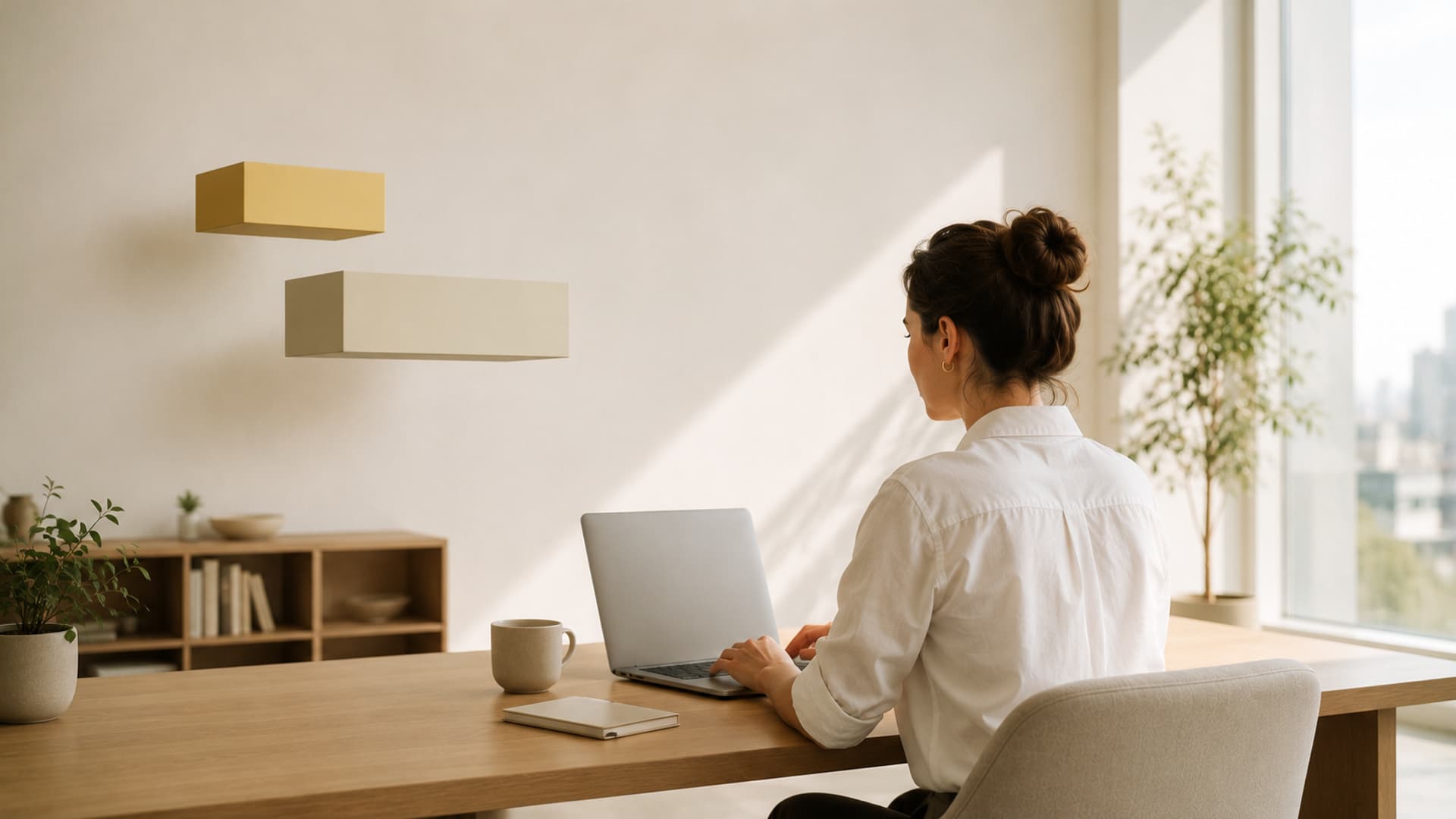 A person working at a laptop at a long desk in a bright, sunlit room