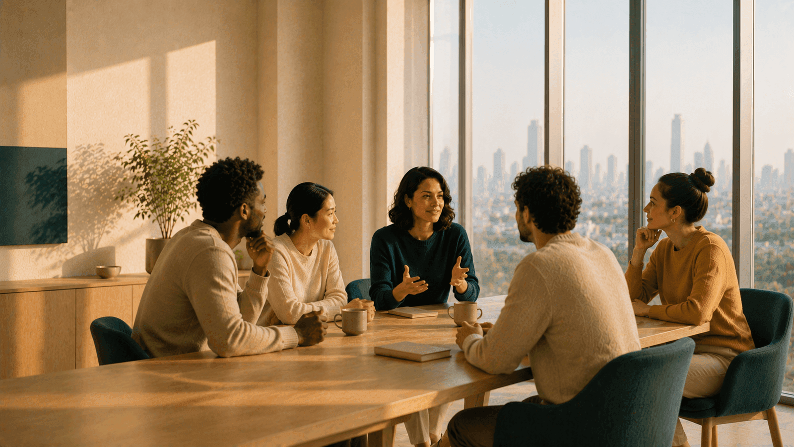 Six colleagues around a long table by a window, one speaking while the others listen