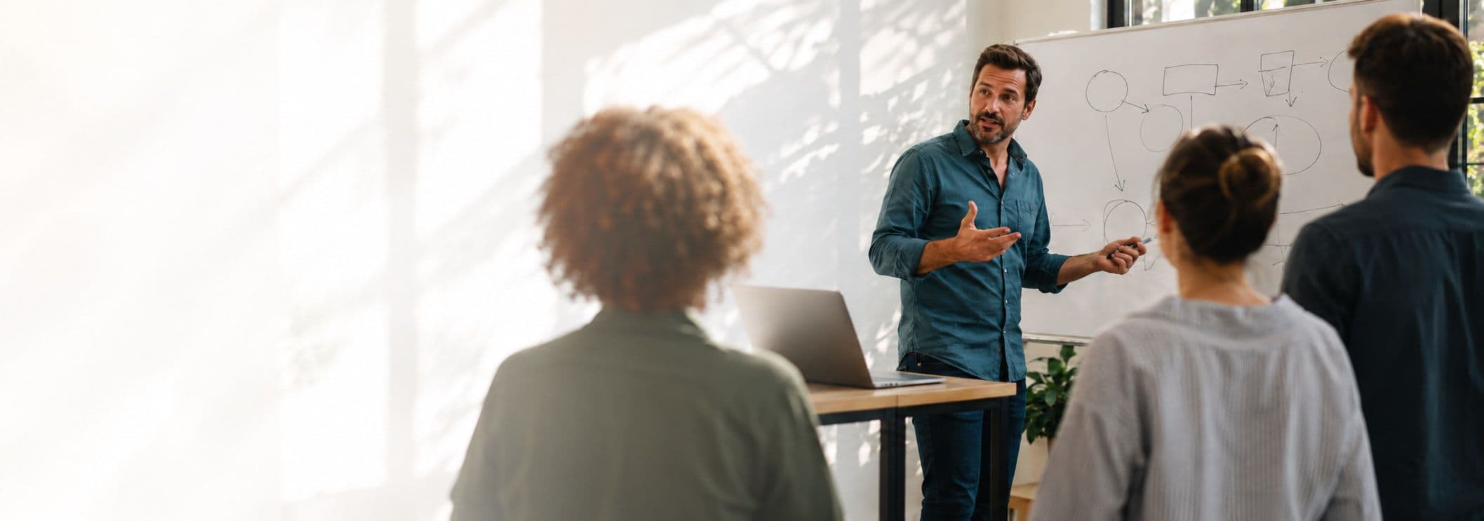 A man talking through a diagram on a whiteboard to three colleagues seen from behind