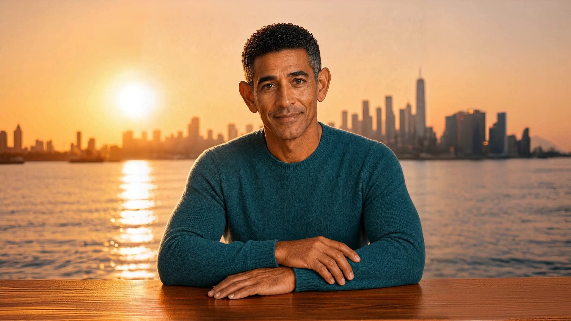 A coach in a teal sweater seated at a wooden table, arms folded, a city skyline and water behind him at sunset