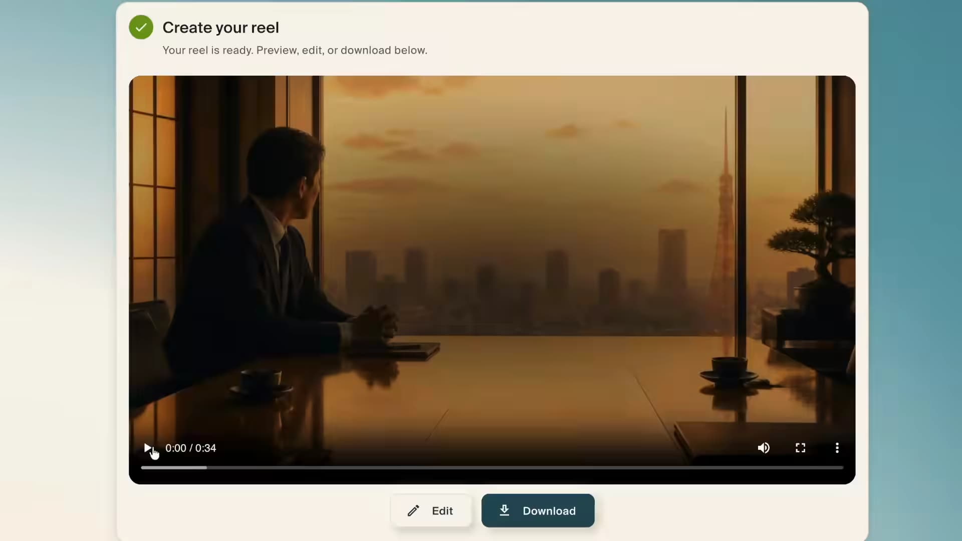 A finished reel ready to preview inside Studio: the reel builder’s panel with Edit and Download beneath it, and the video playing a title card that reads “Closing a Sales Call in Japan”, an executive at a low table above the Tokyo skyline at sunset, two closing lines set against each other, and a colleague reaching out to shake hands