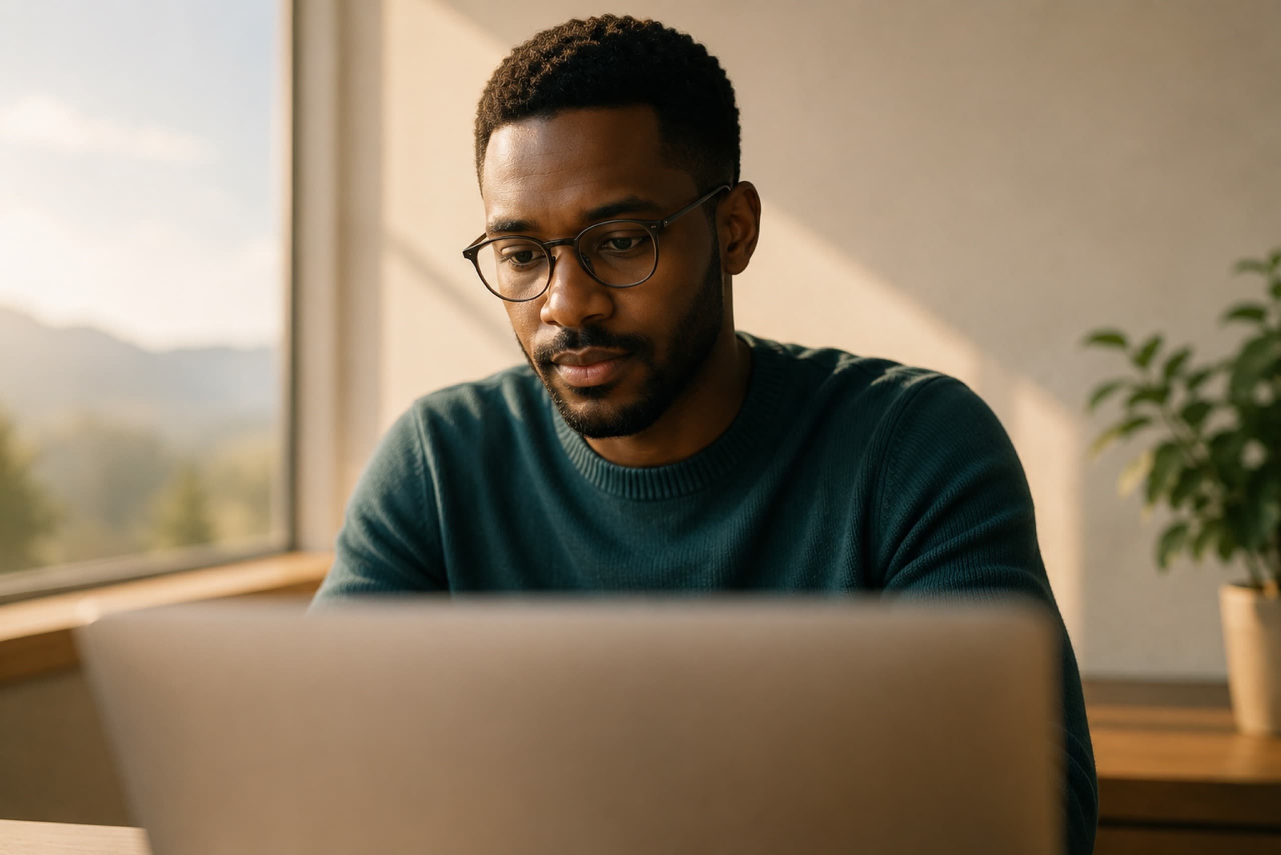 A person at a laptop in a quiet room, warm light falling from one side