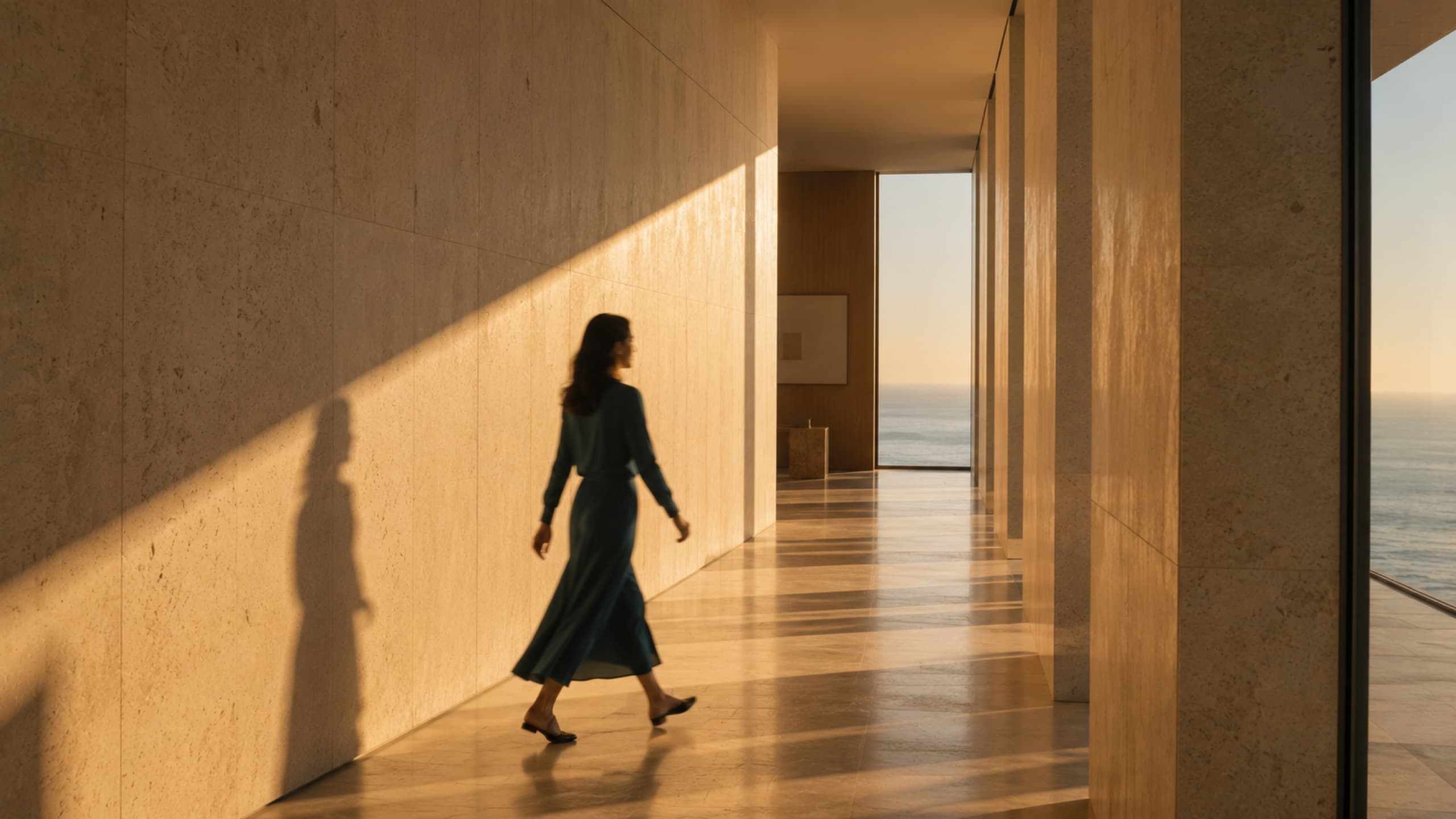 A figure walking a sunlit stone corridor, long shadows falling across the floor
