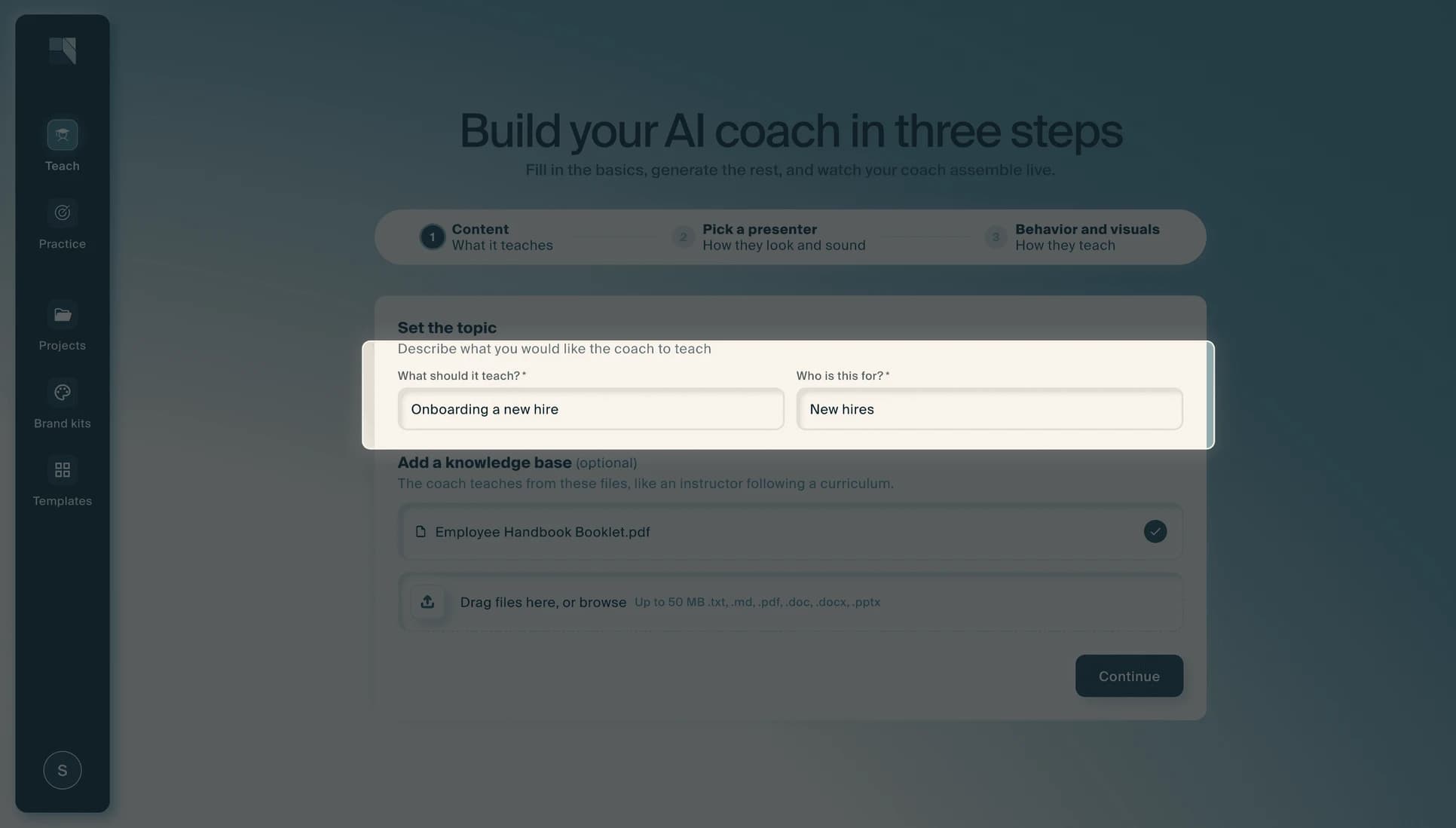 The screen headed "Build your AI coach in three steps", with the topic fields filled in and a knowledge base panel below.
