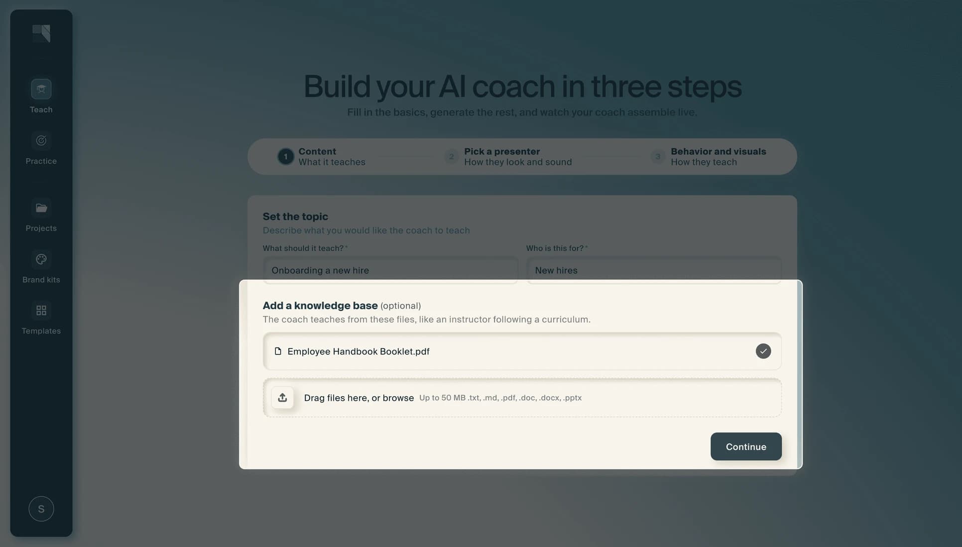 The "Add a knowledge base" panel with an employee handbook PDF attached and a drag-and-drop area for more files.