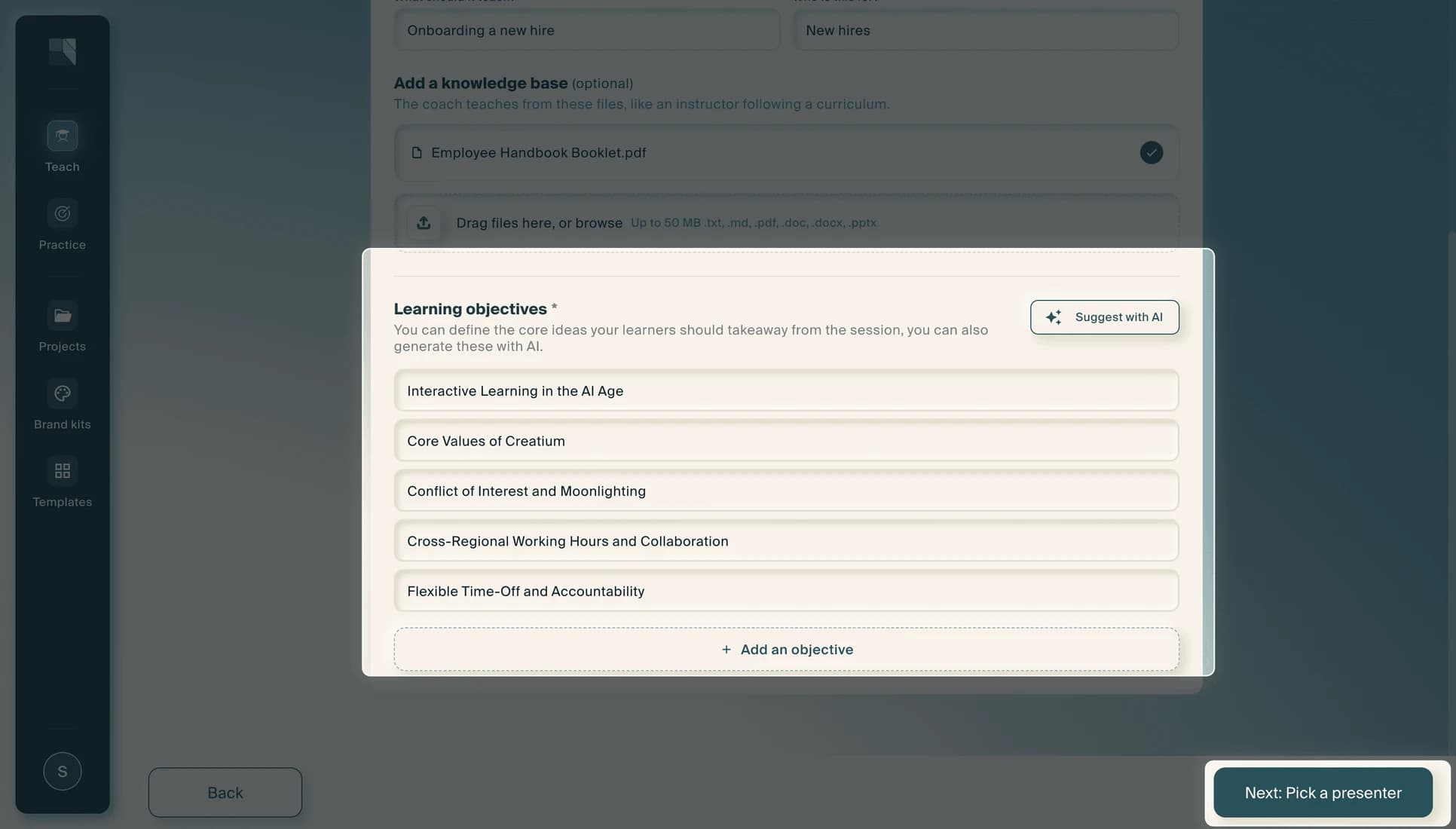 The Learning objectives panel listing five objectives, with a "Suggest with AI" control and a "Next: Pick a presenter" button.