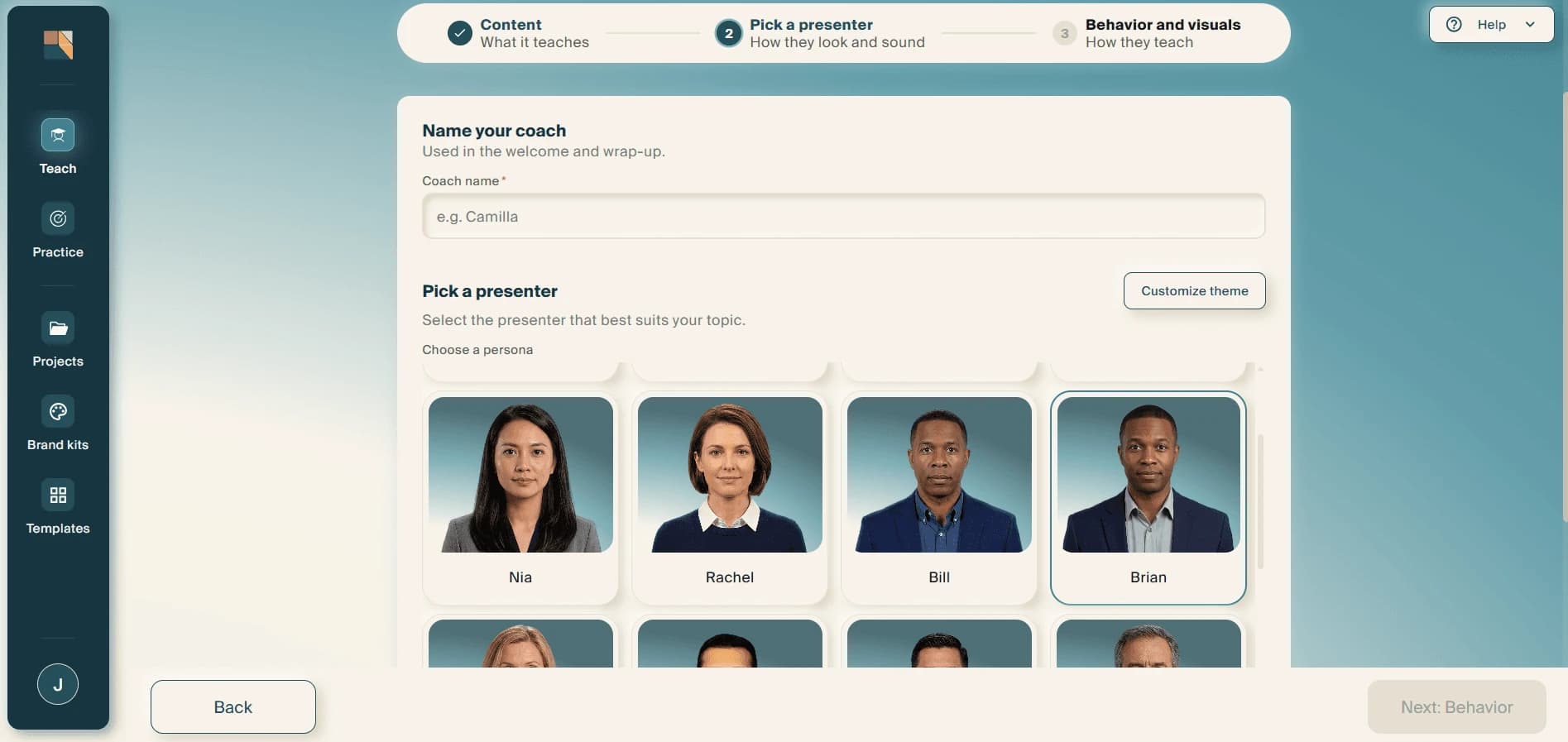 The "Name your coach" and "Pick a presenter" step, showing a grid of presenter portraits with one selected.