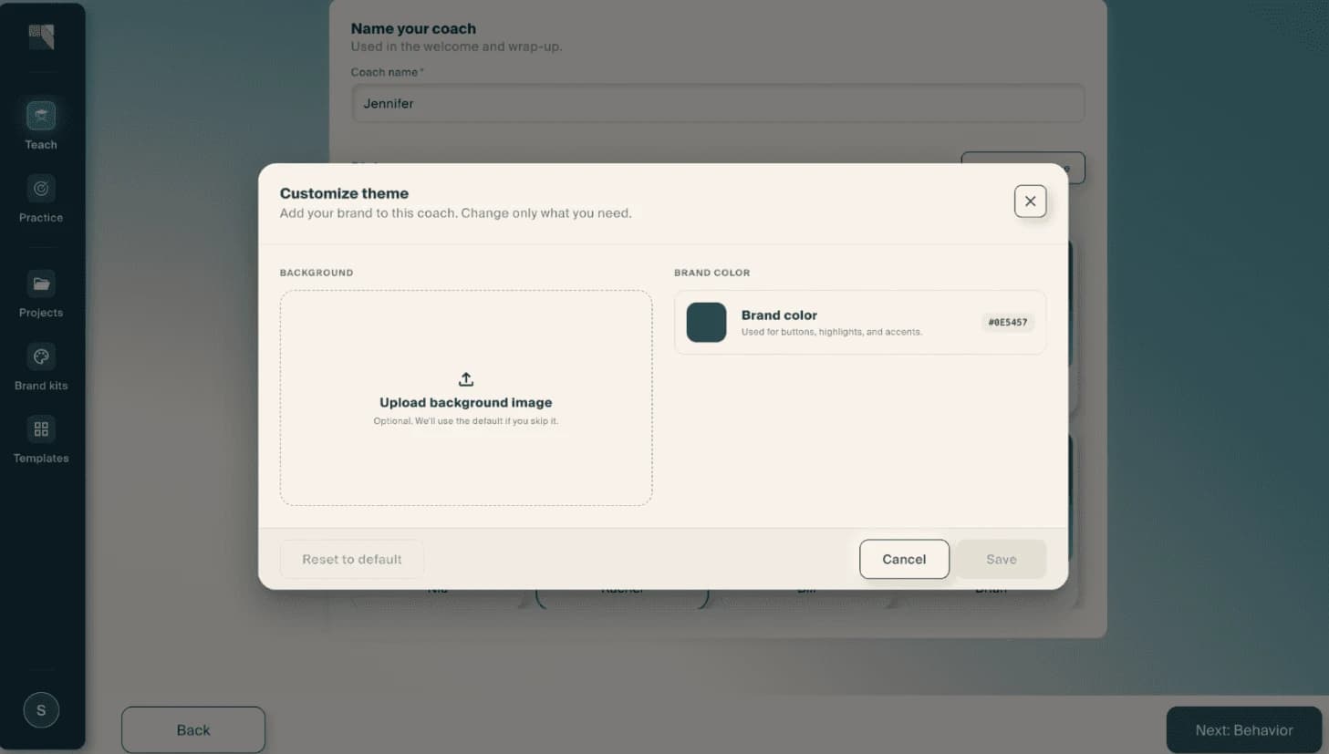 The "Customize theme" dialog, offering a background image upload and a brand colour swatch.