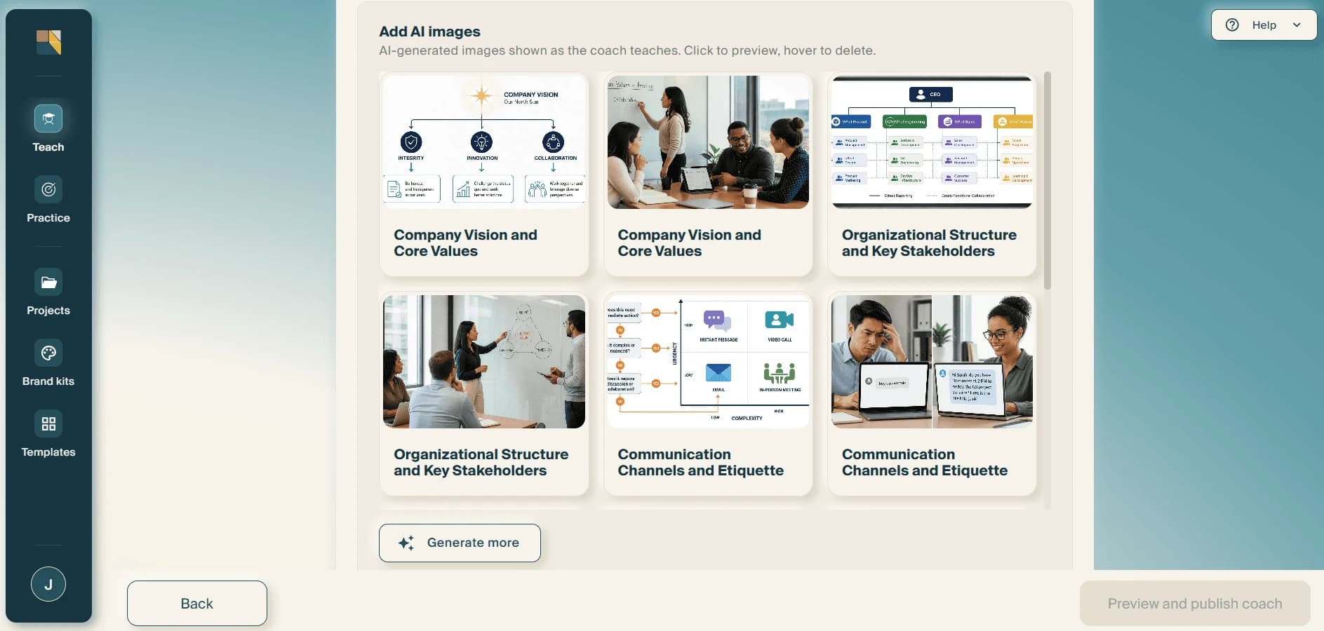 The "Add AI images" panel showing six generated session visuals, each captioned with the objective it illustrates, above a "Generate more" button.