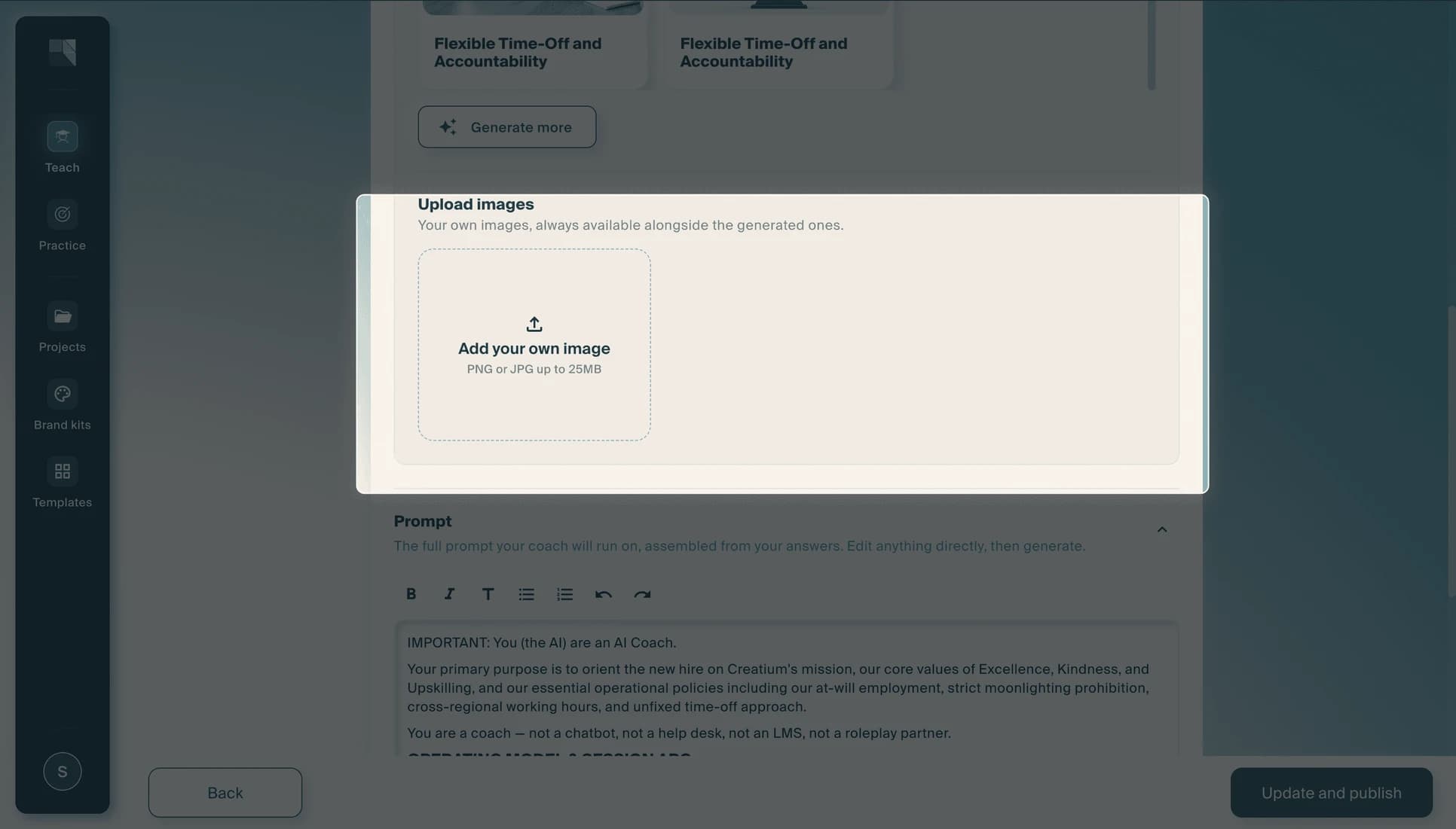 The "Upload images" panel, where your own images can be added alongside the generated ones, with the coach's full prompt below.