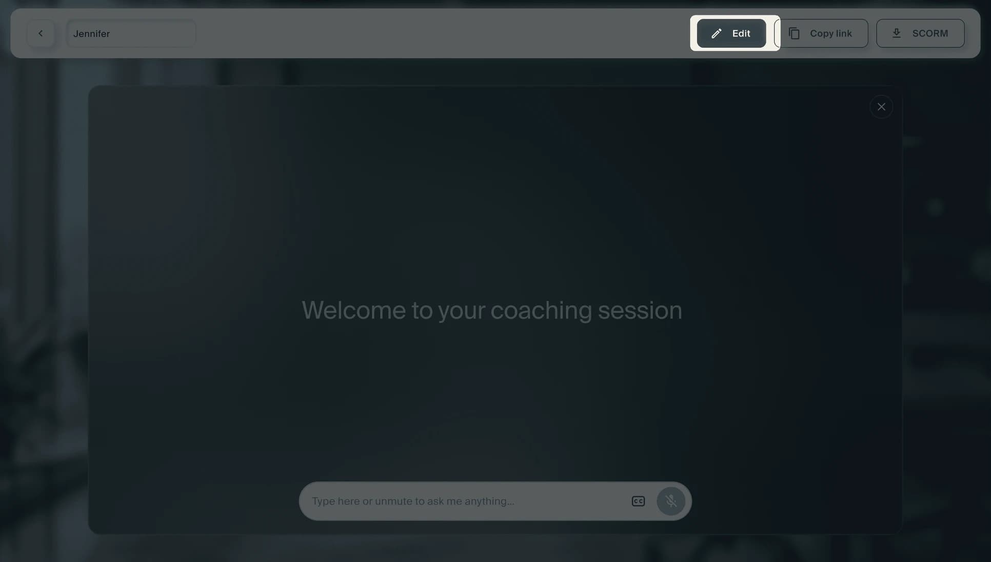 The published coach's opening screen, "Welcome to your coaching session", with a field to type or unmute.