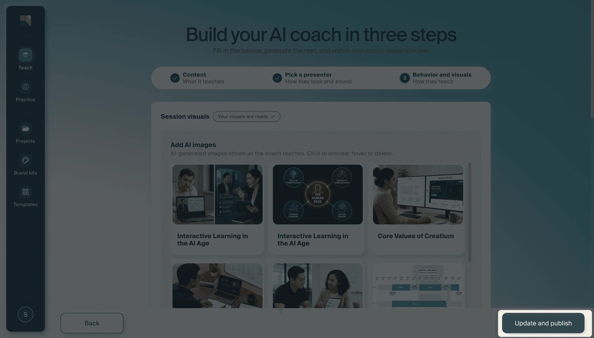 The session visuals step with an "Update and publish" button.