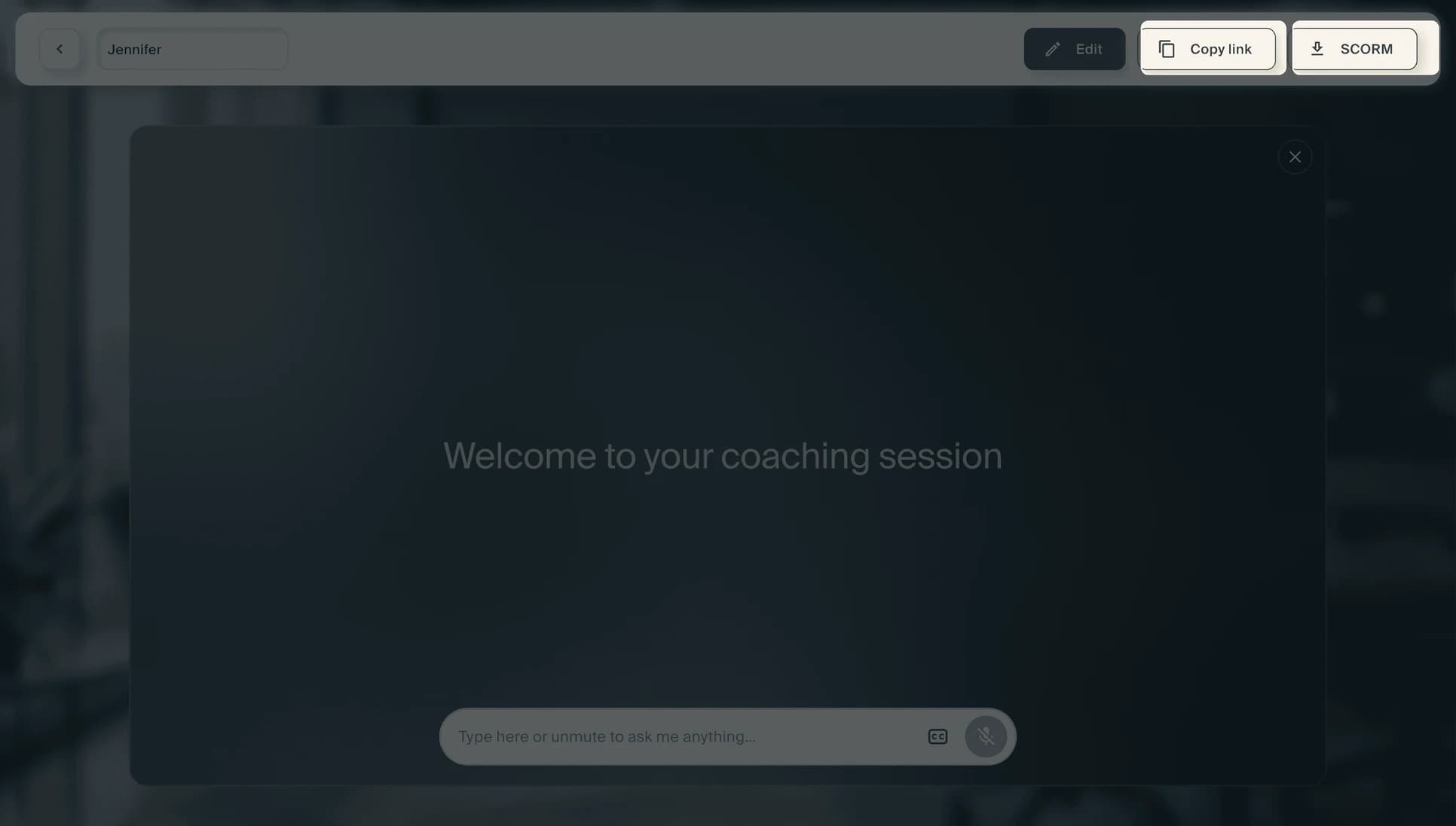 The published coach's top bar, offering Edit, Copy link and SCORM.