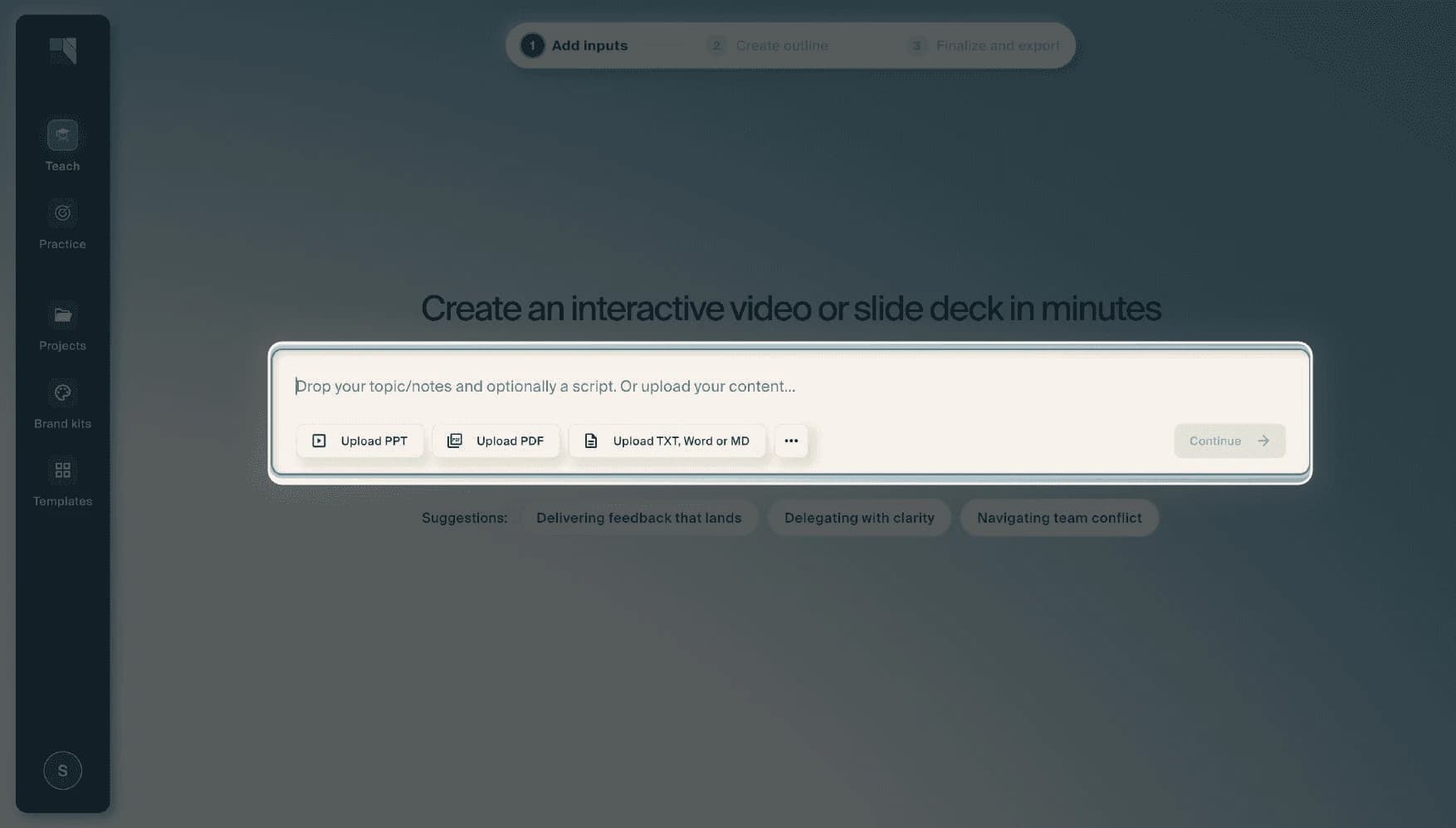 The screen headed "Create an interactive video or slide deck in minutes", with an empty prompt field and buttons to upload PPT, PDF, or TXT, Word and MD files.