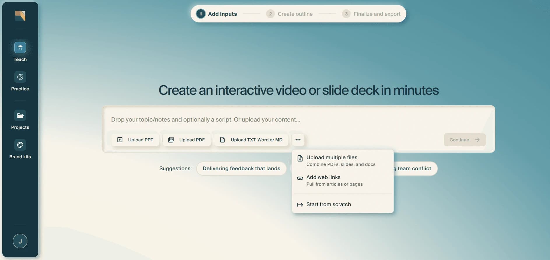 The same screen with the overflow menu open, offering "Upload multiple files", "Add web links" and "Start from scratch".