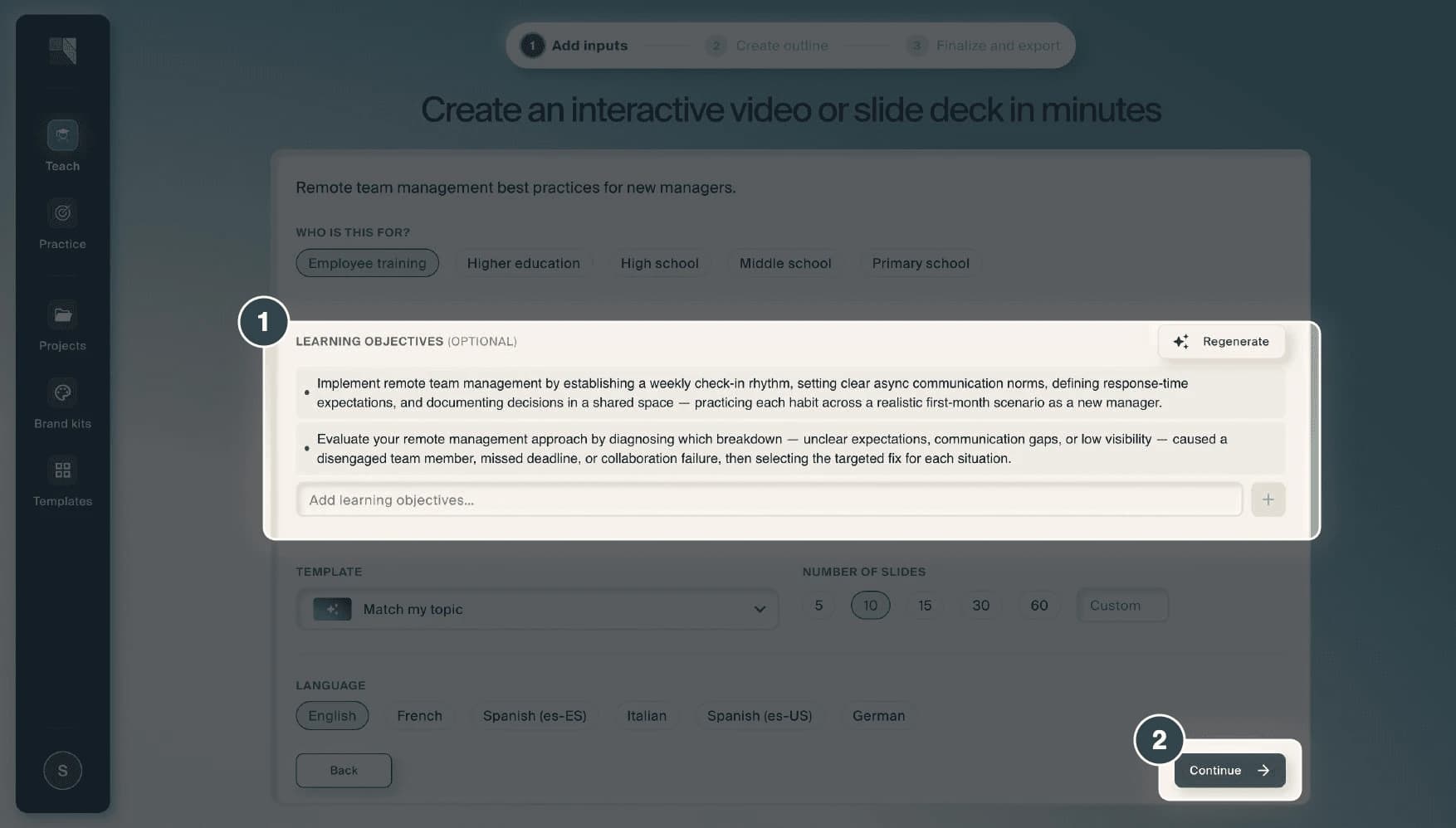 The lesson-detail step: audience options, a Learning objectives panel holding two generated objectives with a Regenerate control, and settings for template, number of slides and language.