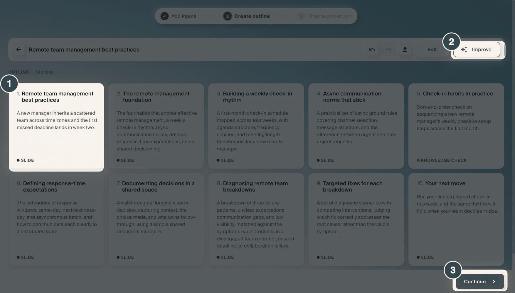 The generated outline as ten storyboard cards, each labelled slide or knowledge check, with an Improve button above and Continue below.