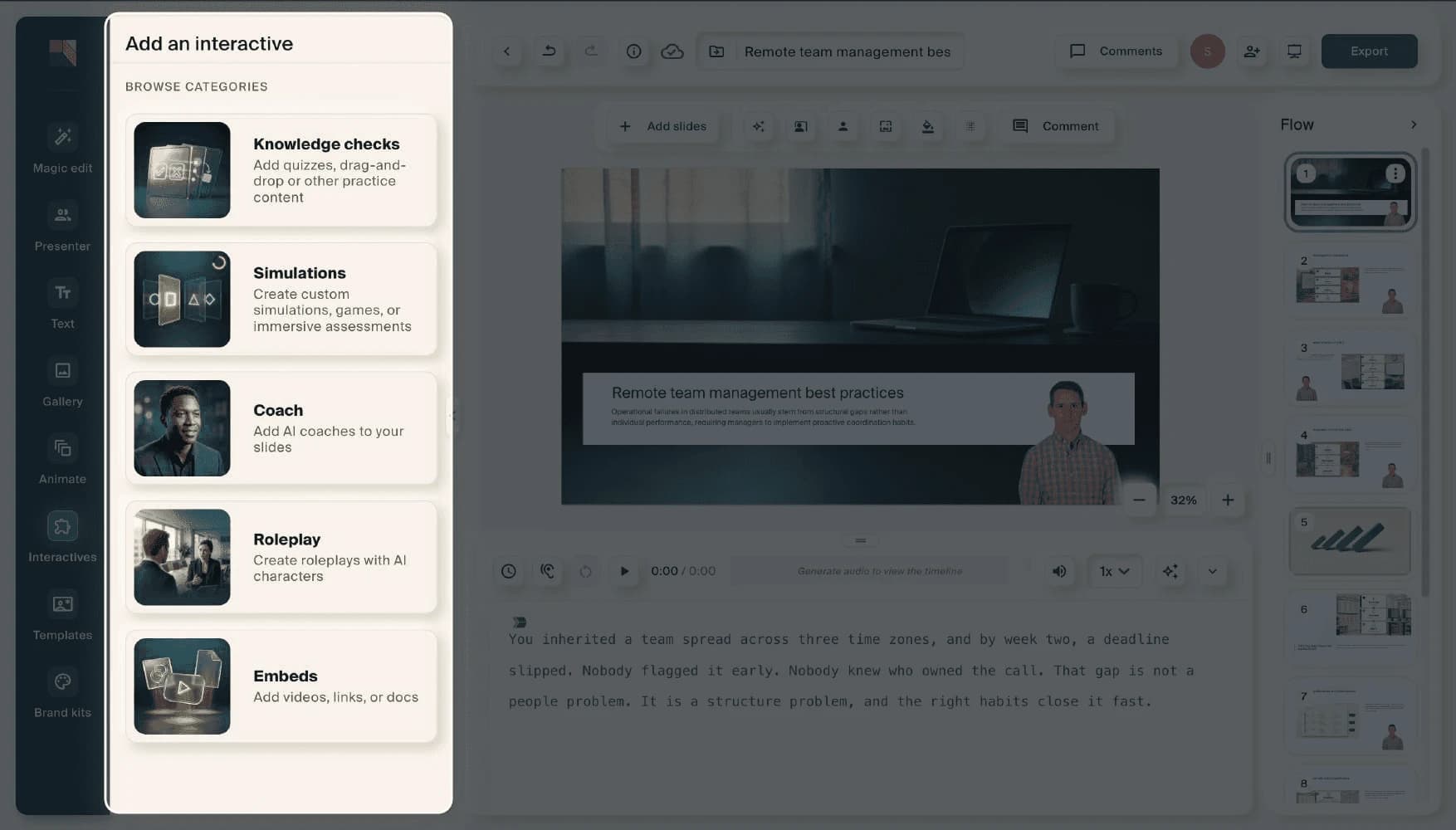The "Add an interactive" panel, listing Knowledge checks, Simulations, Coach, Roleplay and Embeds.