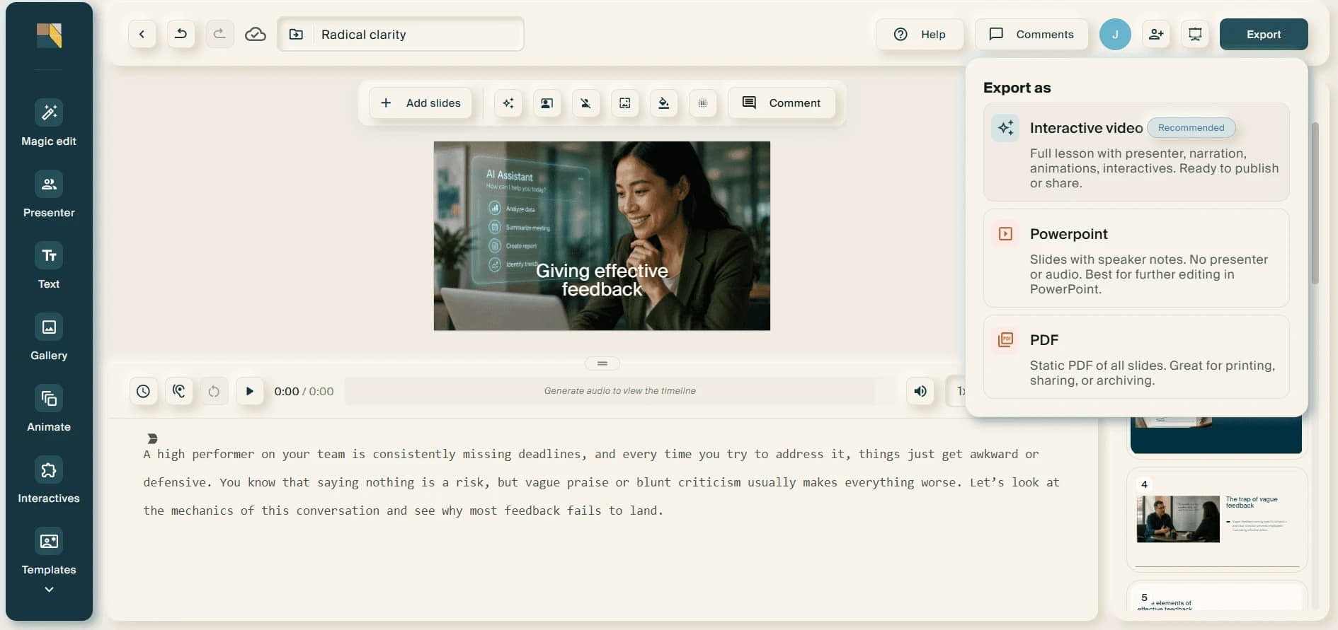 The Export menu open, offering Interactive video (marked recommended), Powerpoint and PDF.