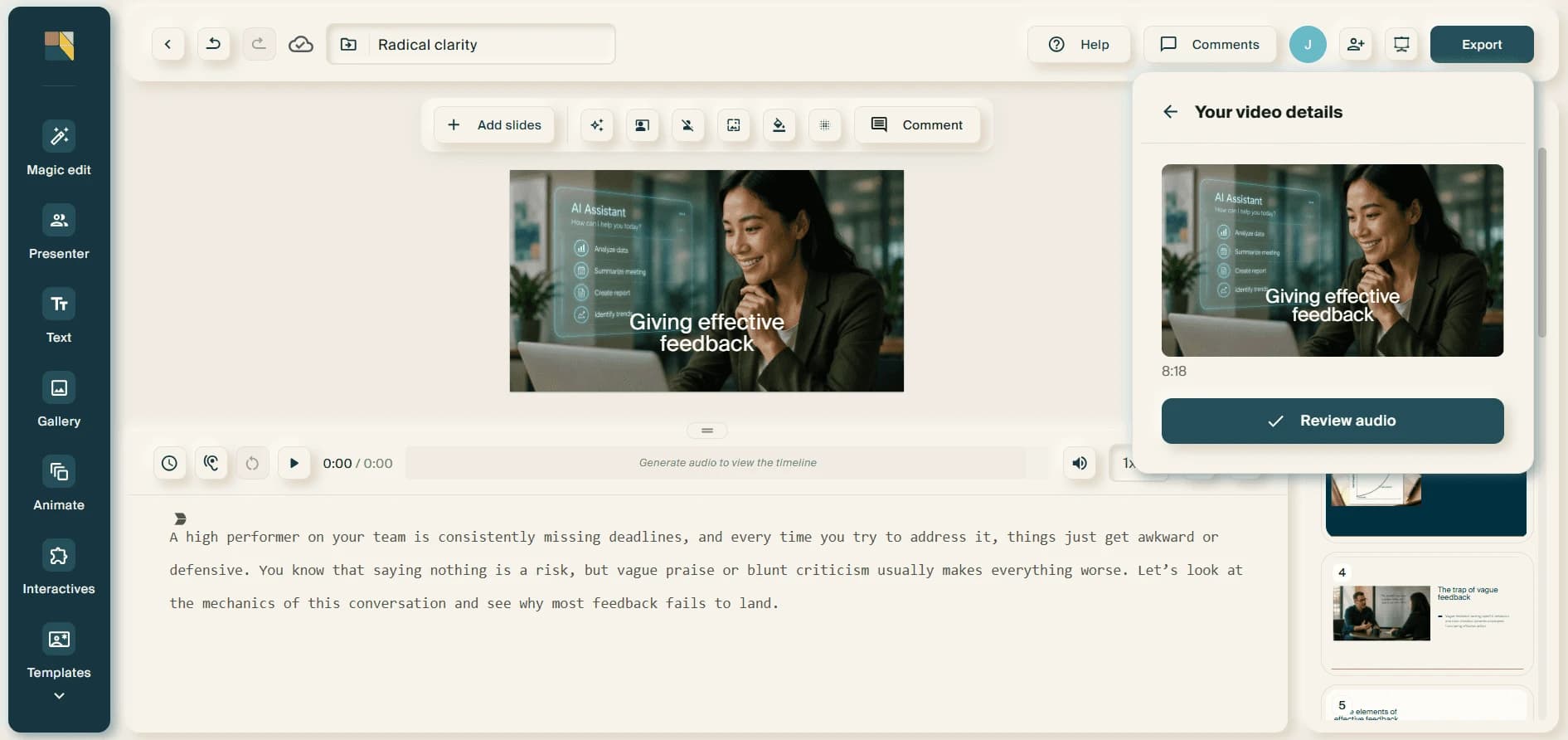 The "Your video details" panel showing the video's thumbnail and length above a "Review audio" button.