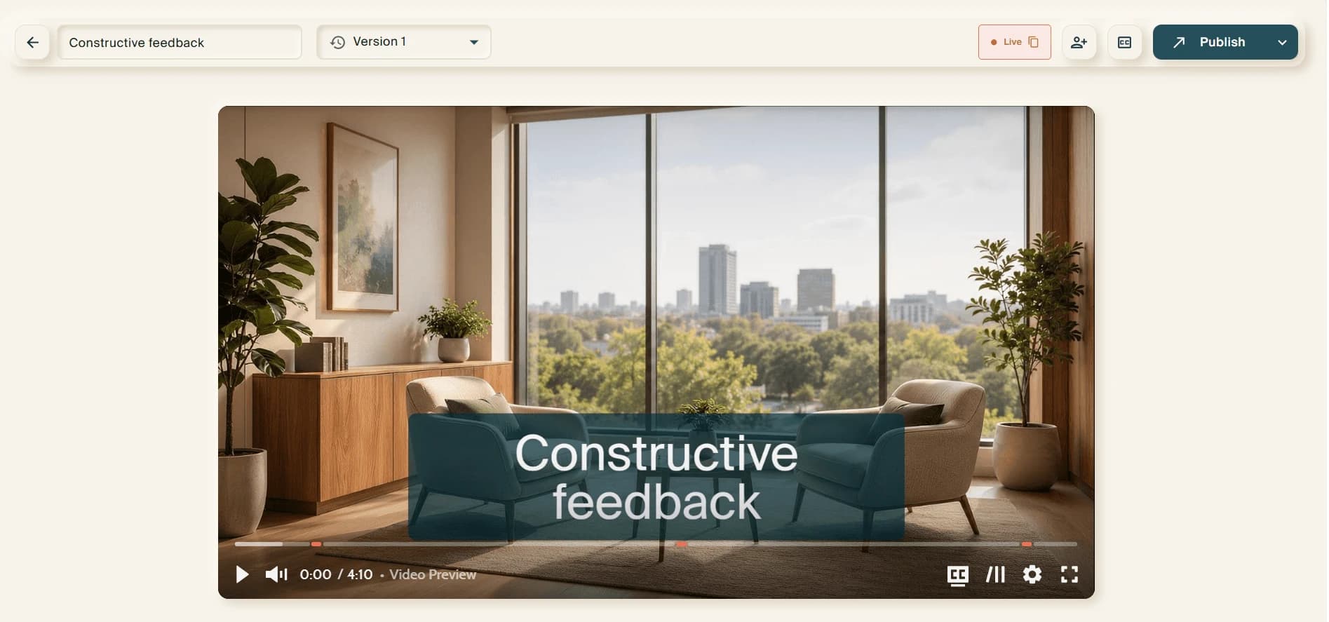 The finished video playing in the viewer, its title card reading "Constructive feedback".