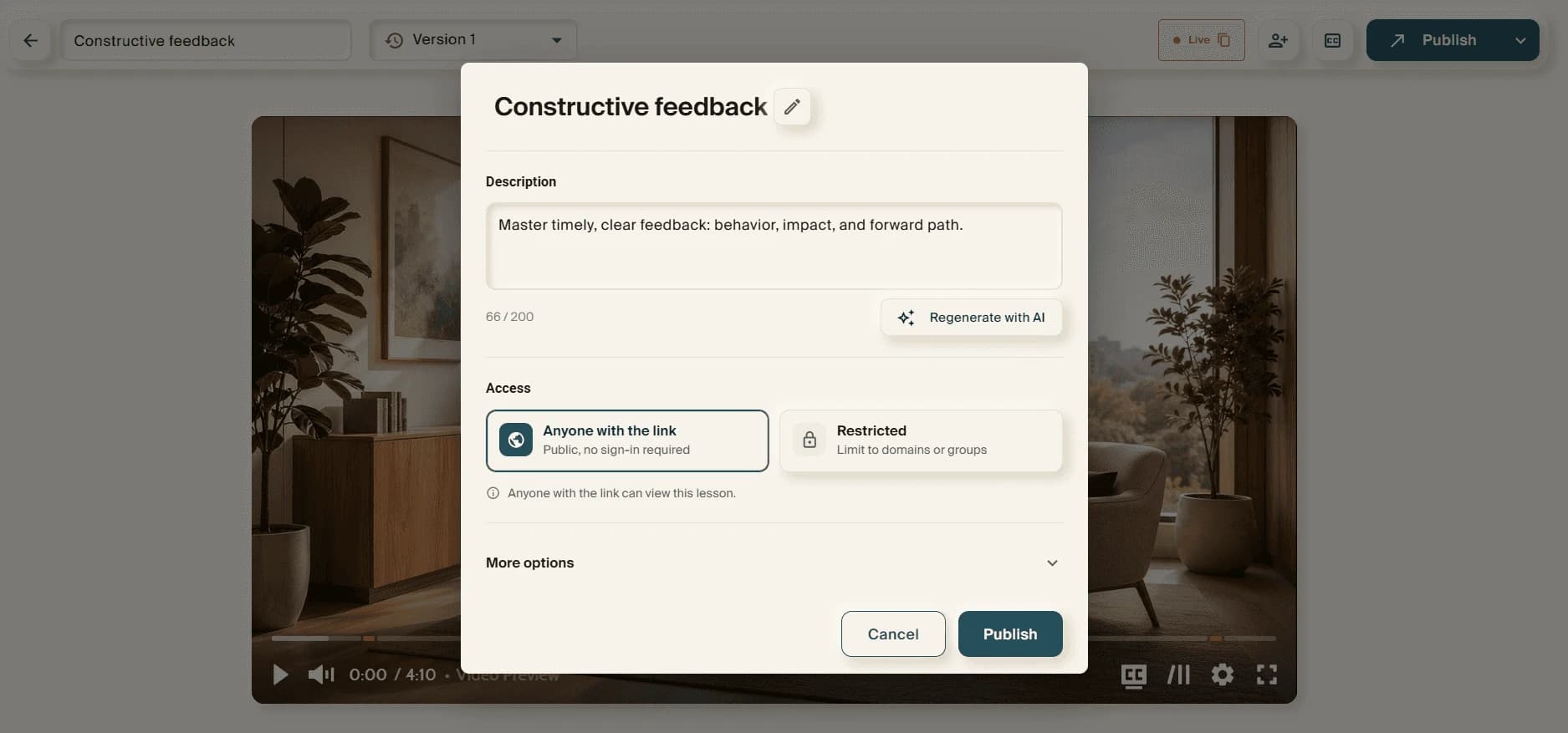 The publish dialog: title, description with a "Regenerate with AI" control, and an access choice between "Anyone with the link" and "Restricted".