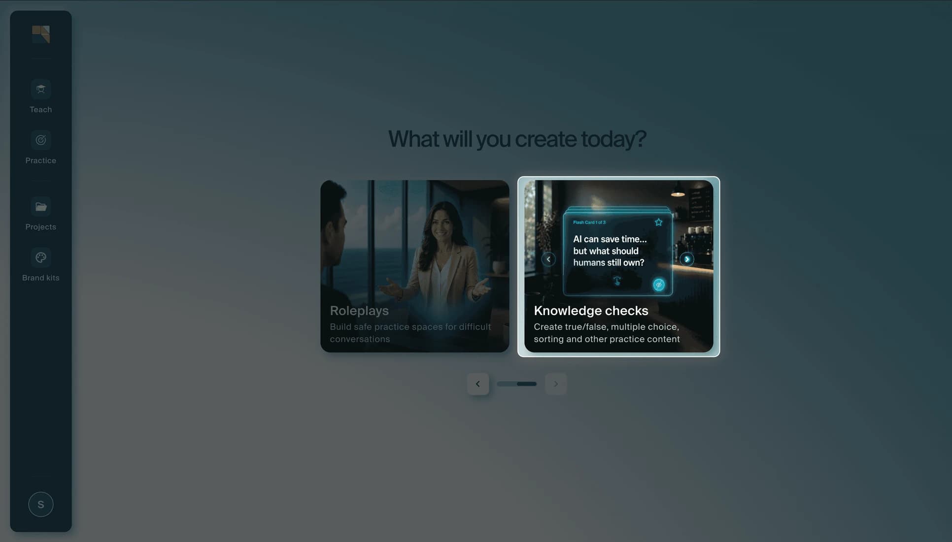 The Creatium Studio home page with the Knowledge checks card selected.