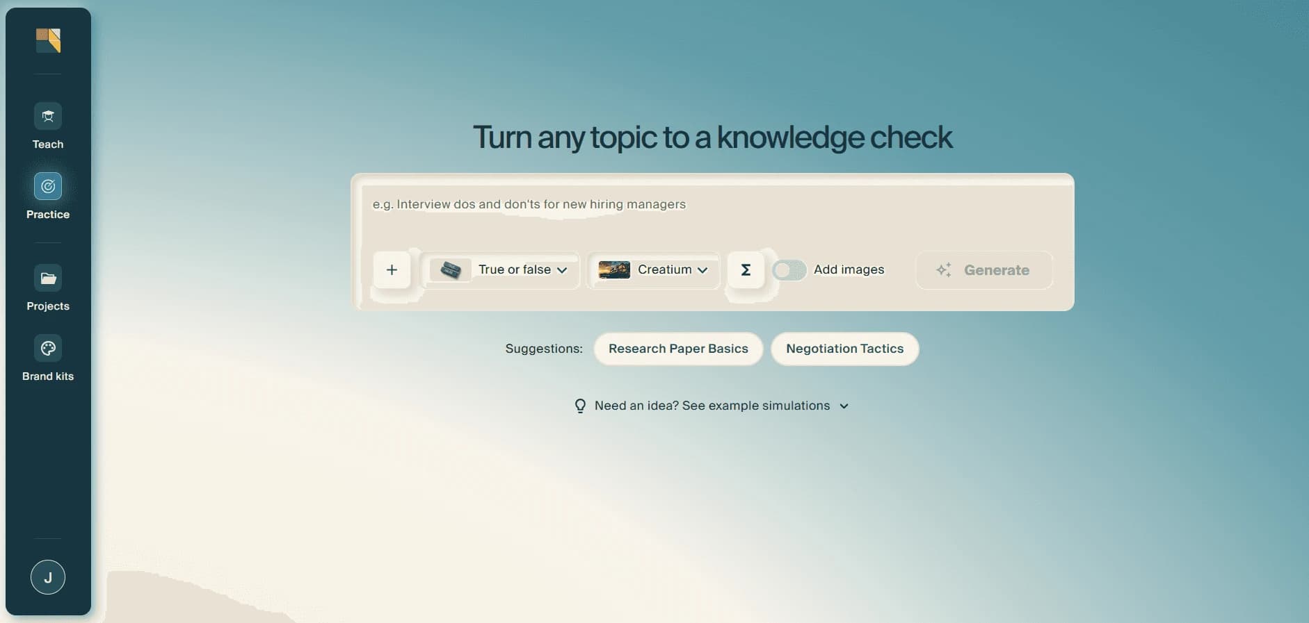 The screen headed "Turn any topic to a knowledge check", with an empty prompt field, format and theme controls, an Add images toggle, and a Generate button.