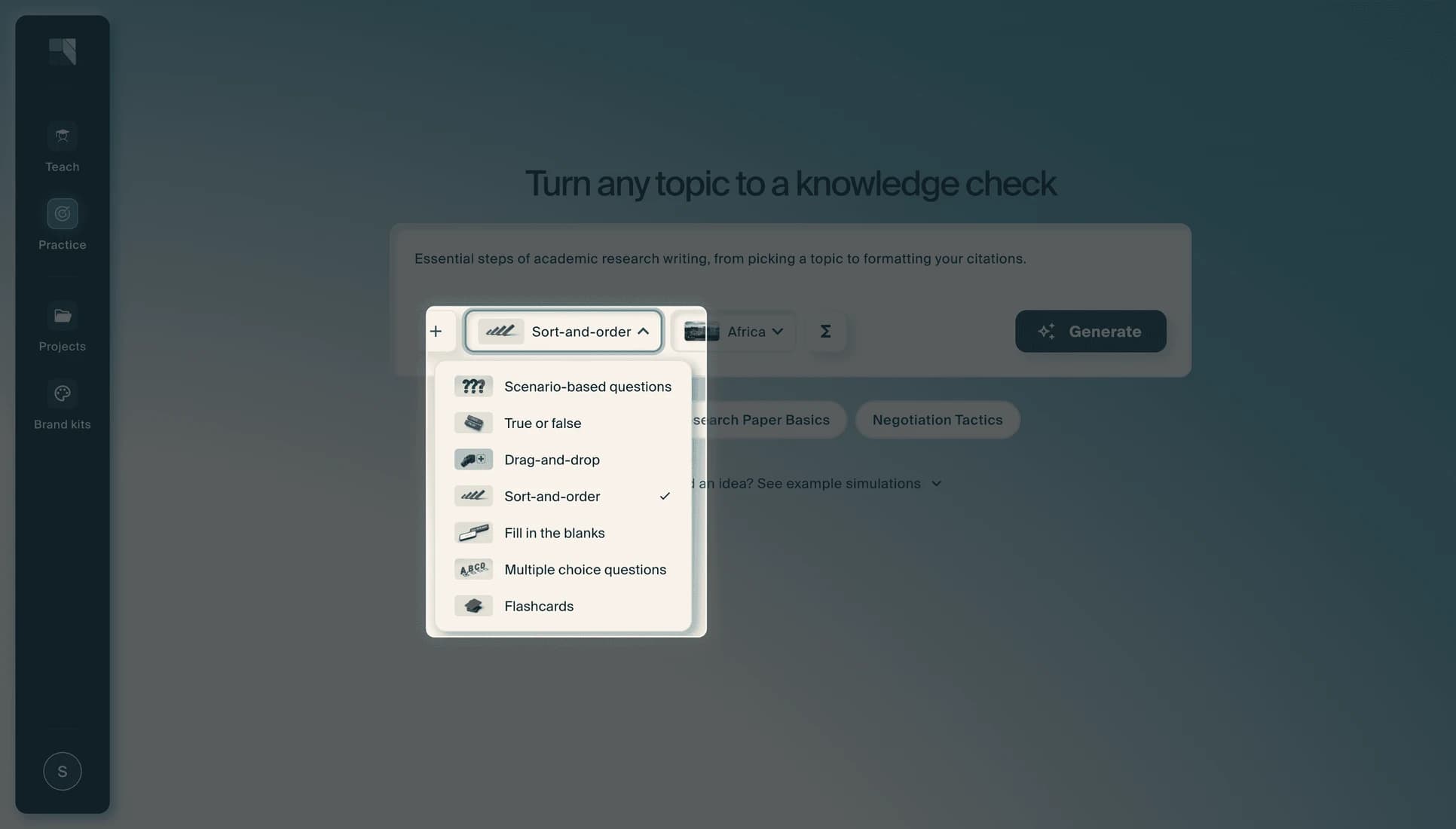 The format dropdown open, listing Scenario-based questions, True or false, Drag-and-drop, Sort-and-order, Fill in the blanks, Multiple choice questions and Flashcards.
