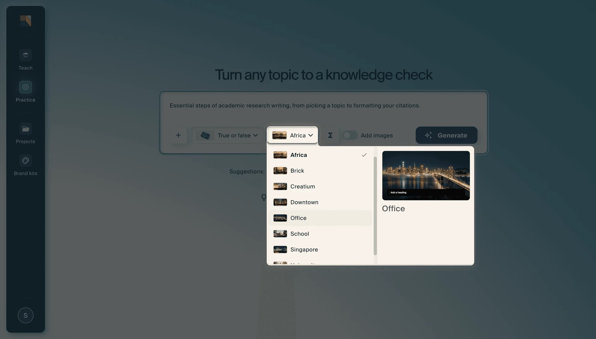 The theme dropdown open, listing Africa, Brick, Creatium, Downtown, Office, School and Singapore, with a preview thumbnail of the highlighted theme.