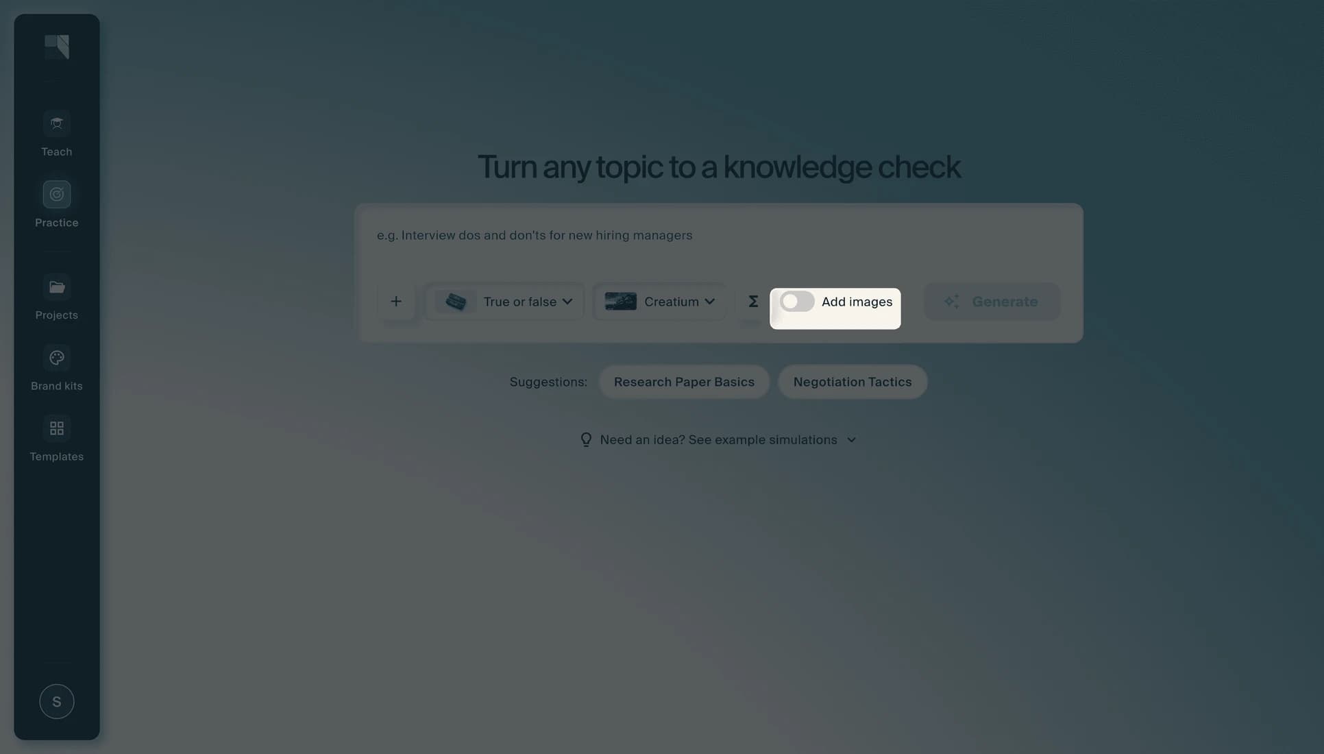 The prompt row with the "Add images" toggle switched on.