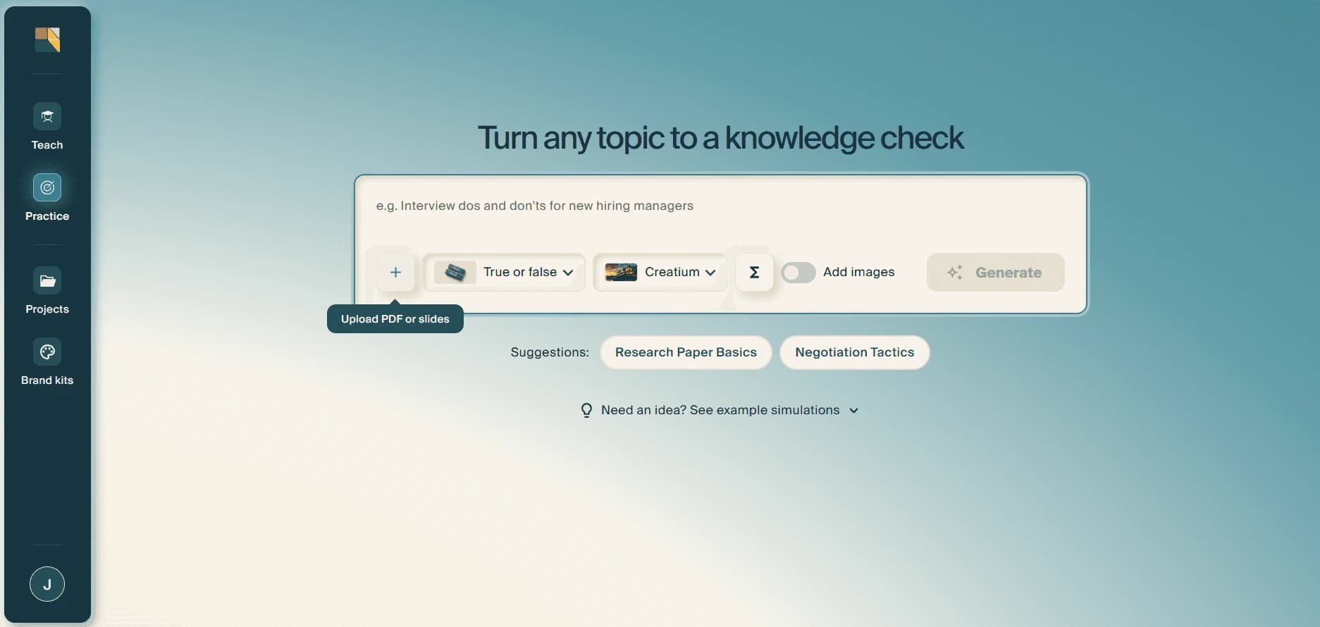 The prompt row with an "Upload PDF or slides" tooltip showing over the plus button.