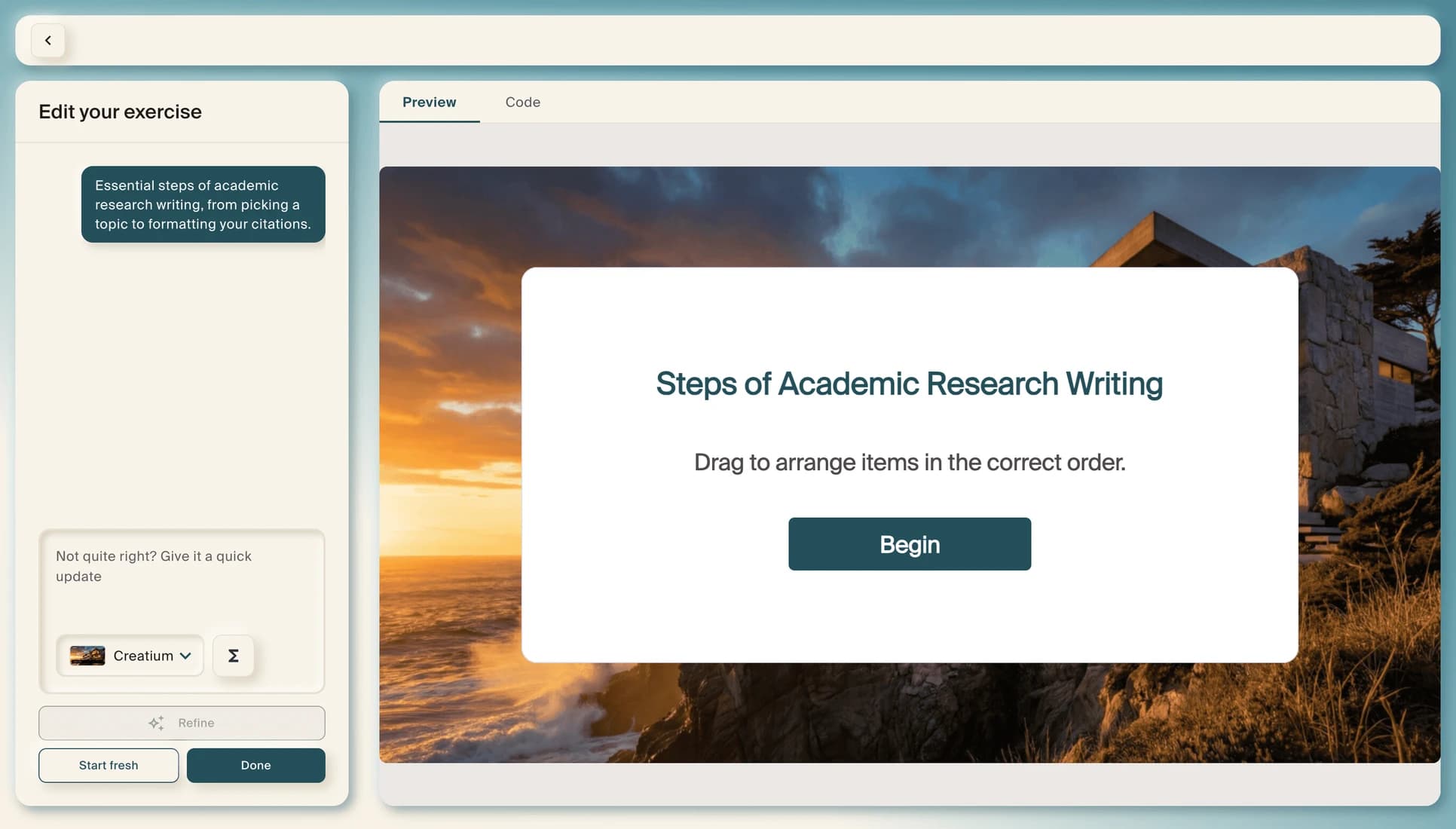 The split-screen editor: "Edit your exercise" at the left, and a live preview at the right showing a drag-to-order exercise titled "Steps of Academic Research Writing".