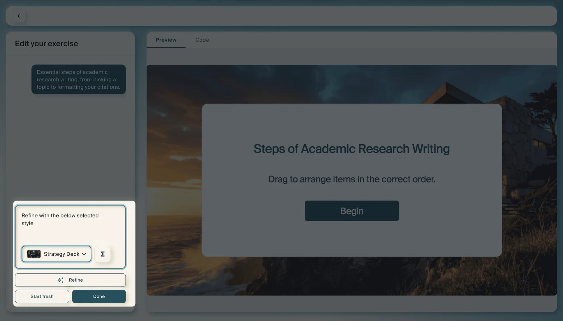 The same editor with a refine panel open at the left, offering a style dropdown and Start fresh and Done buttons.