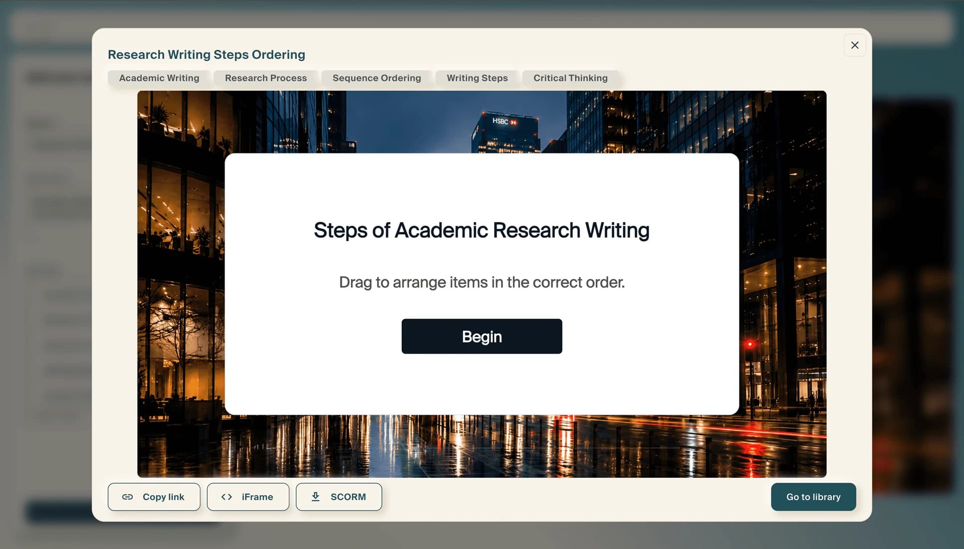 The finished knowledge check ready to share, with Copy link, iFrame and SCORM buttons and a "Go to library" link.