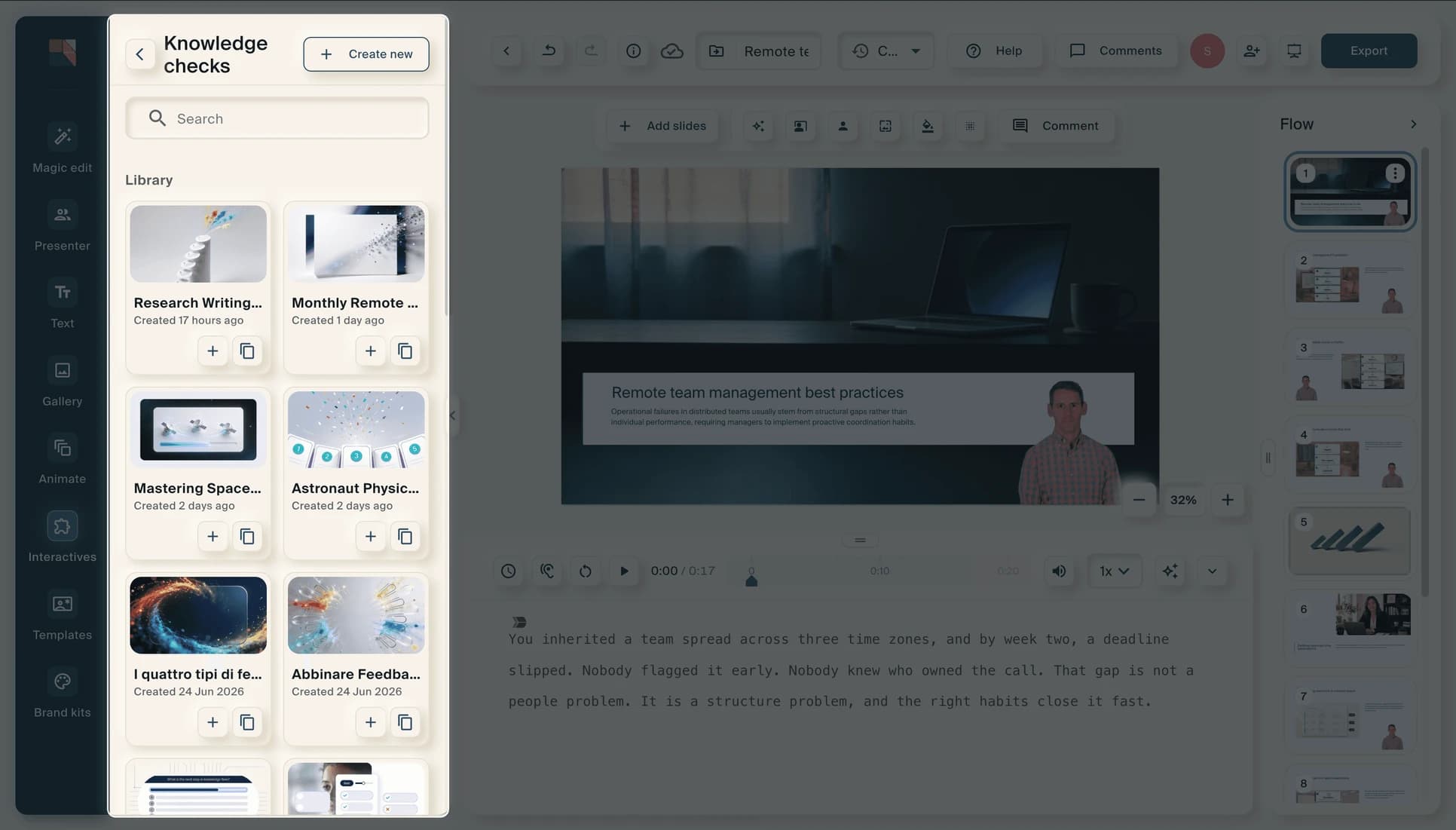 The lesson editor with the Knowledge checks library panel open at the left, showing saved exercises ready to insert.